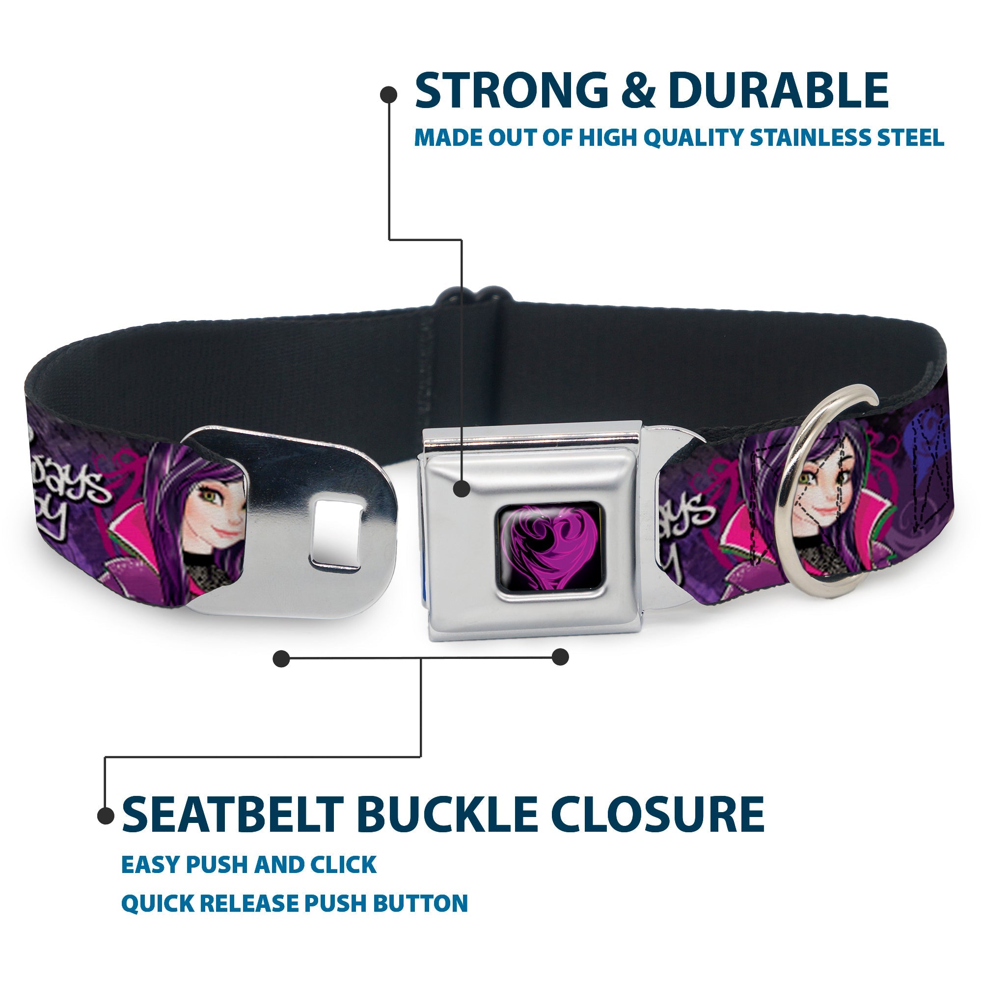 Descendants Dragon Heart Full Color Black/Purples Seatbelt Buckle Collar - Descendants Mal 3-Poses GOOD ISNT ALWAYS/Hearts/Dragons EASY Purples/Pinks