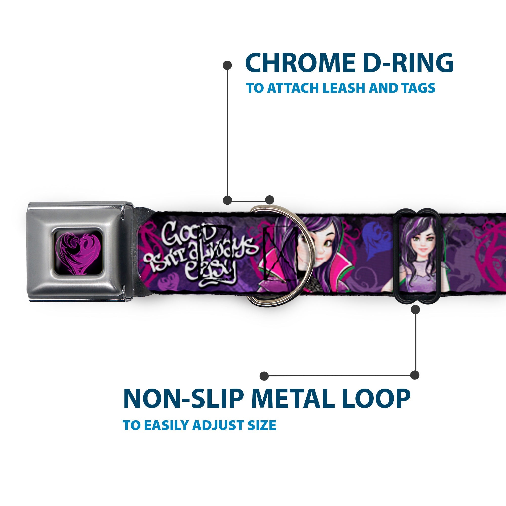 Descendants Dragon Heart Full Color Black/Purples Seatbelt Buckle Collar - Descendants Mal 3-Poses GOOD ISNT ALWAYS/Hearts/Dragons EASY Purples/Pinks