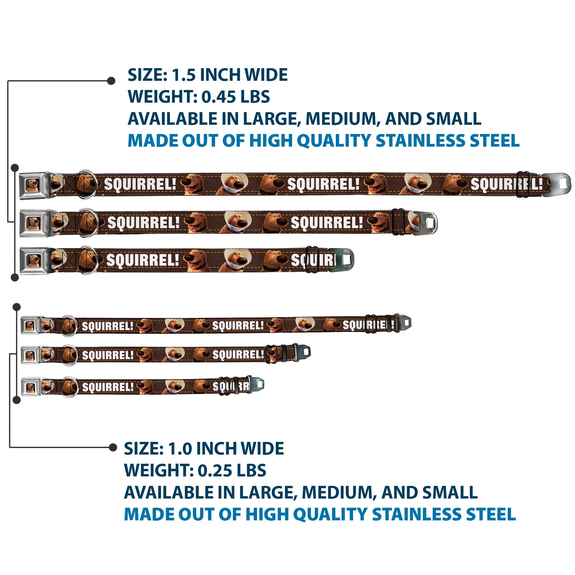 Dug Tongue Out Pose Full Color Black Seatbelt Buckle Collar - Dug 3-Poses/SQUIRREL! Brown/Yellow/White