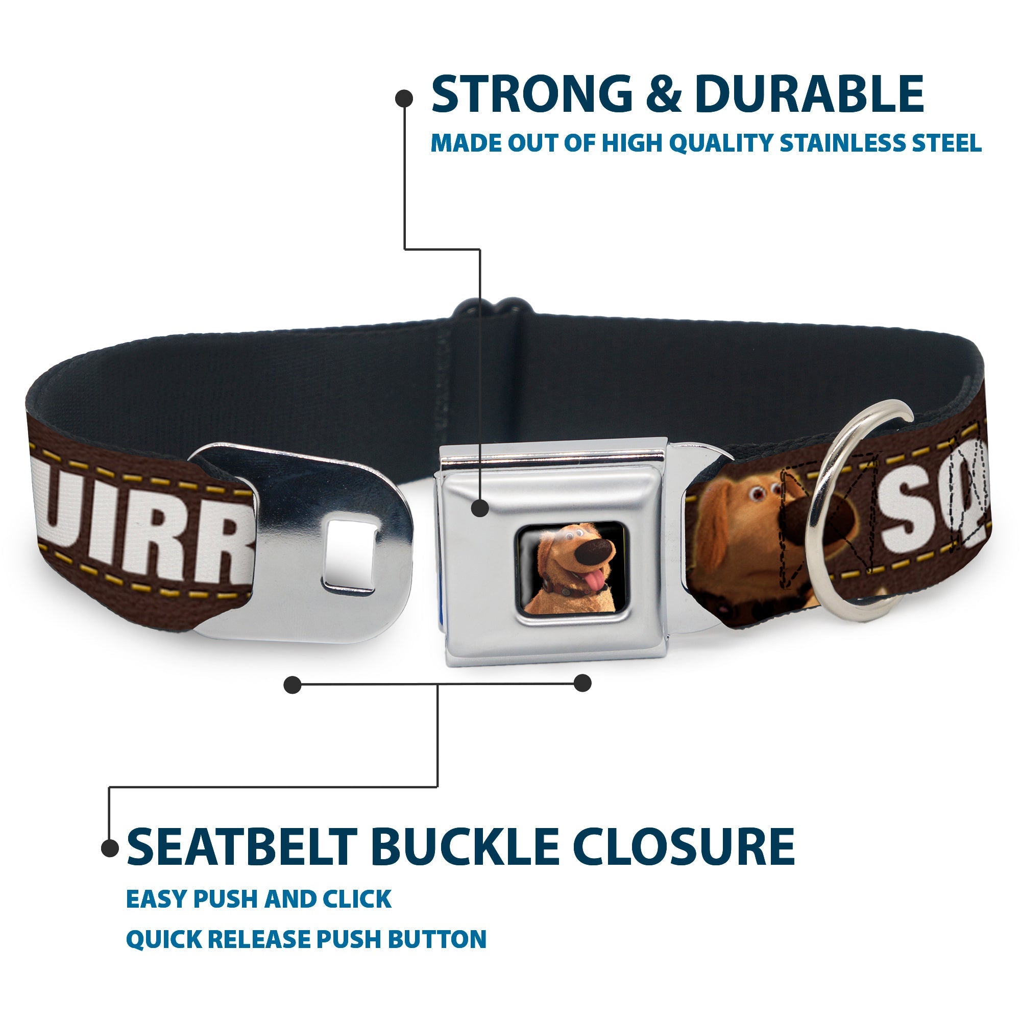 Dug Tongue Out Pose Full Color Black Seatbelt Buckle Collar - Dug 3-Poses/SQUIRREL! Brown/Yellow/White