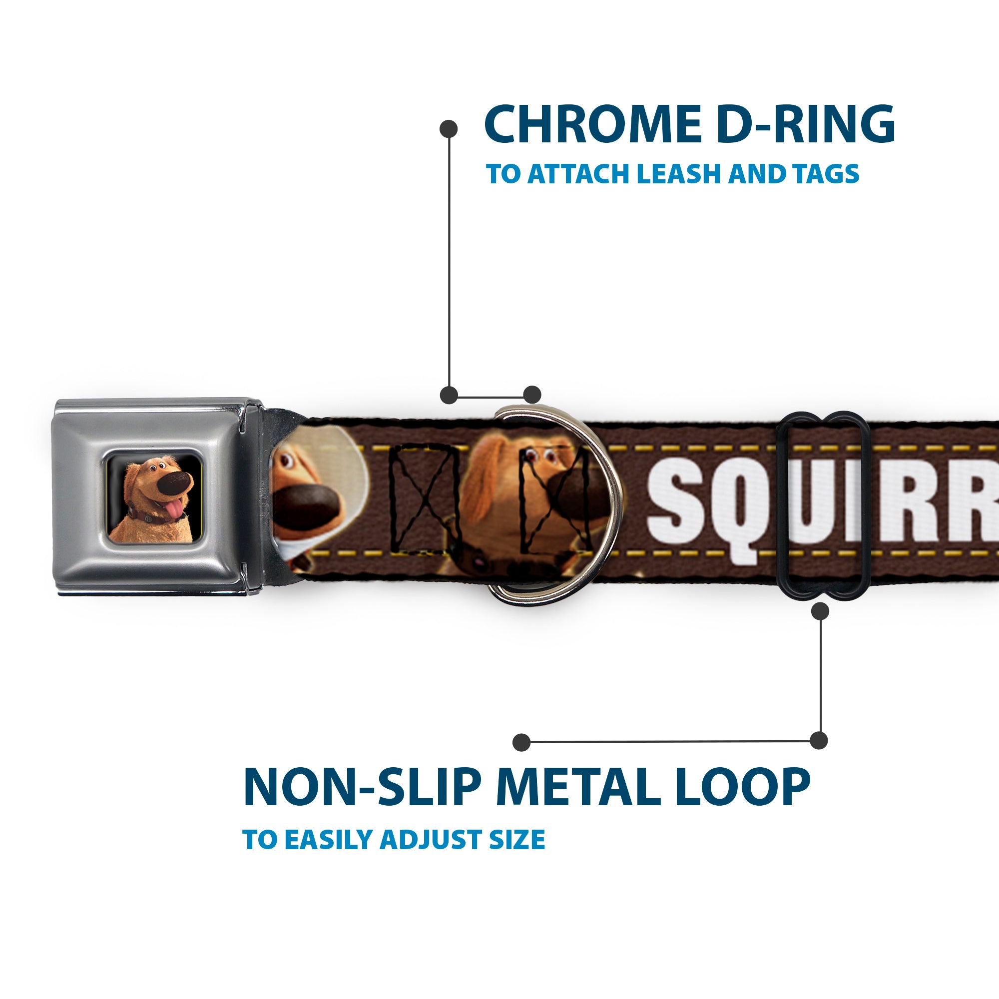 Dug Tongue Out Pose Full Color Black Seatbelt Buckle Collar - Dug 3-Poses/SQUIRREL! Brown/Yellow/White