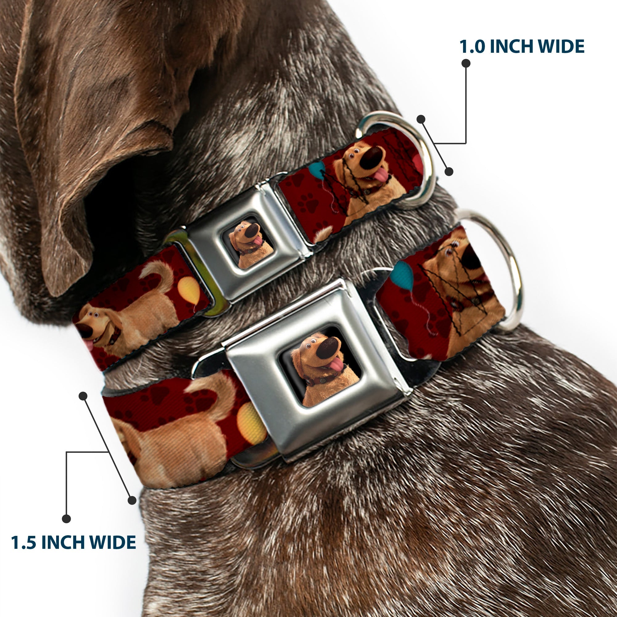 Dug Tongue Out Pose Full Color Black Seatbelt Buckle Collar - Dug 4-Poses/Balloons/Paw Print Reds