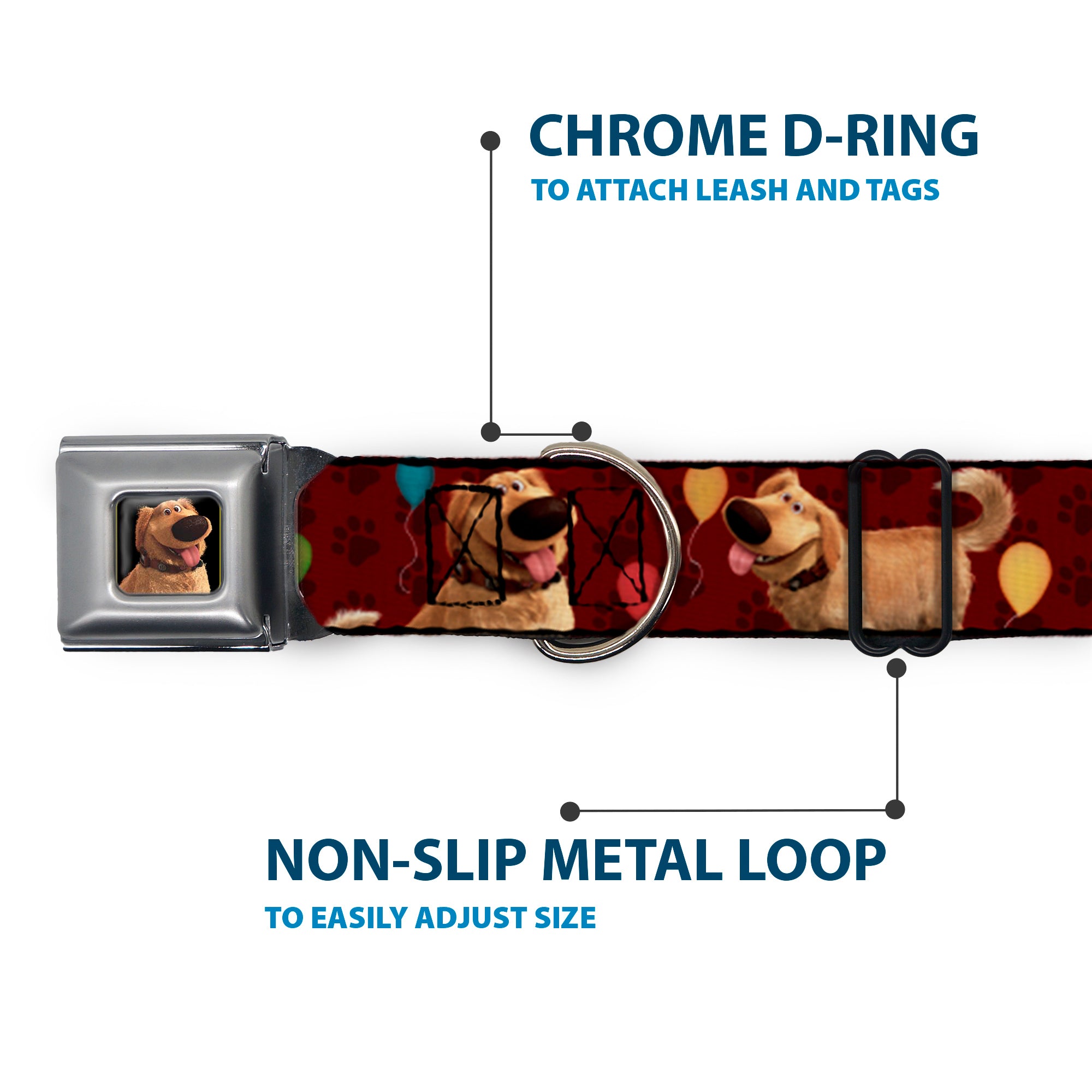 Dug Tongue Out Pose Full Color Black Seatbelt Buckle Collar - Dug 4-Poses/Balloons/Paw Print Reds