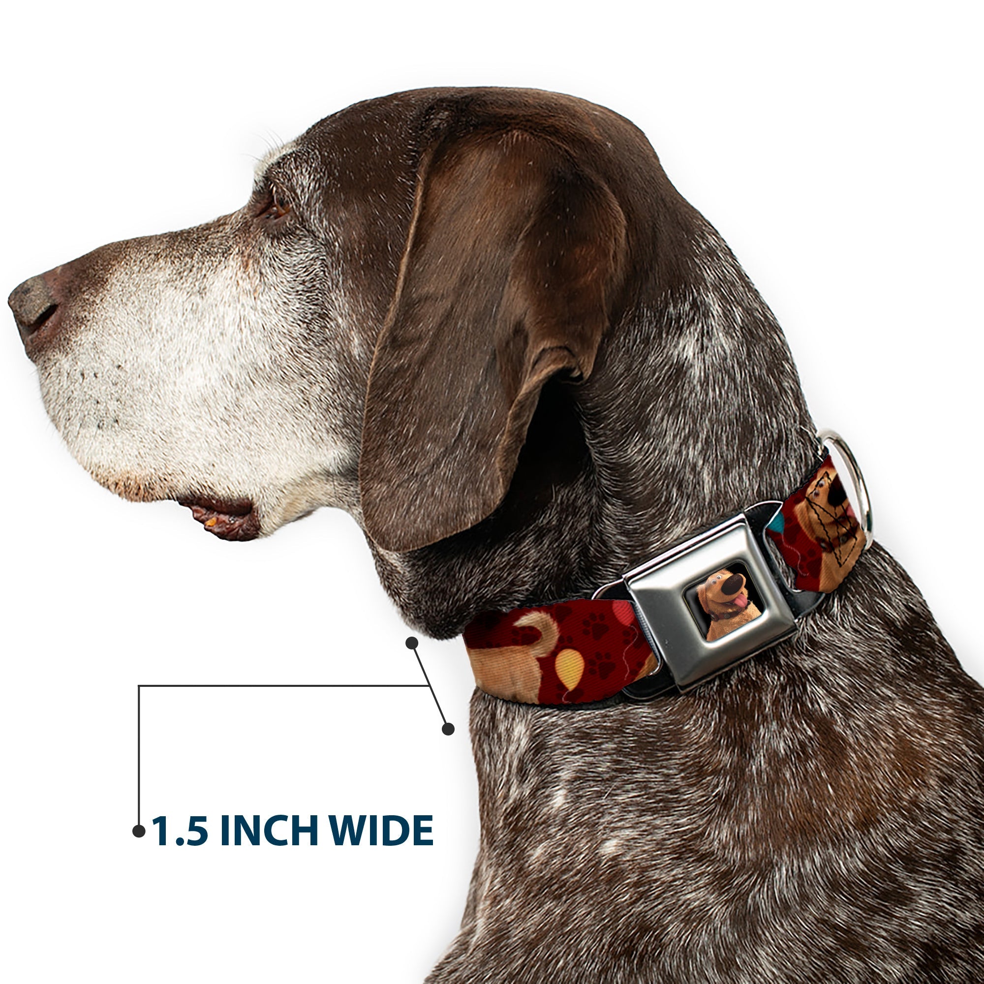 Dug Tongue Out Pose Full Color Black Seatbelt Buckle Collar - Dug 4-Poses/Balloons/Paw Print Reds