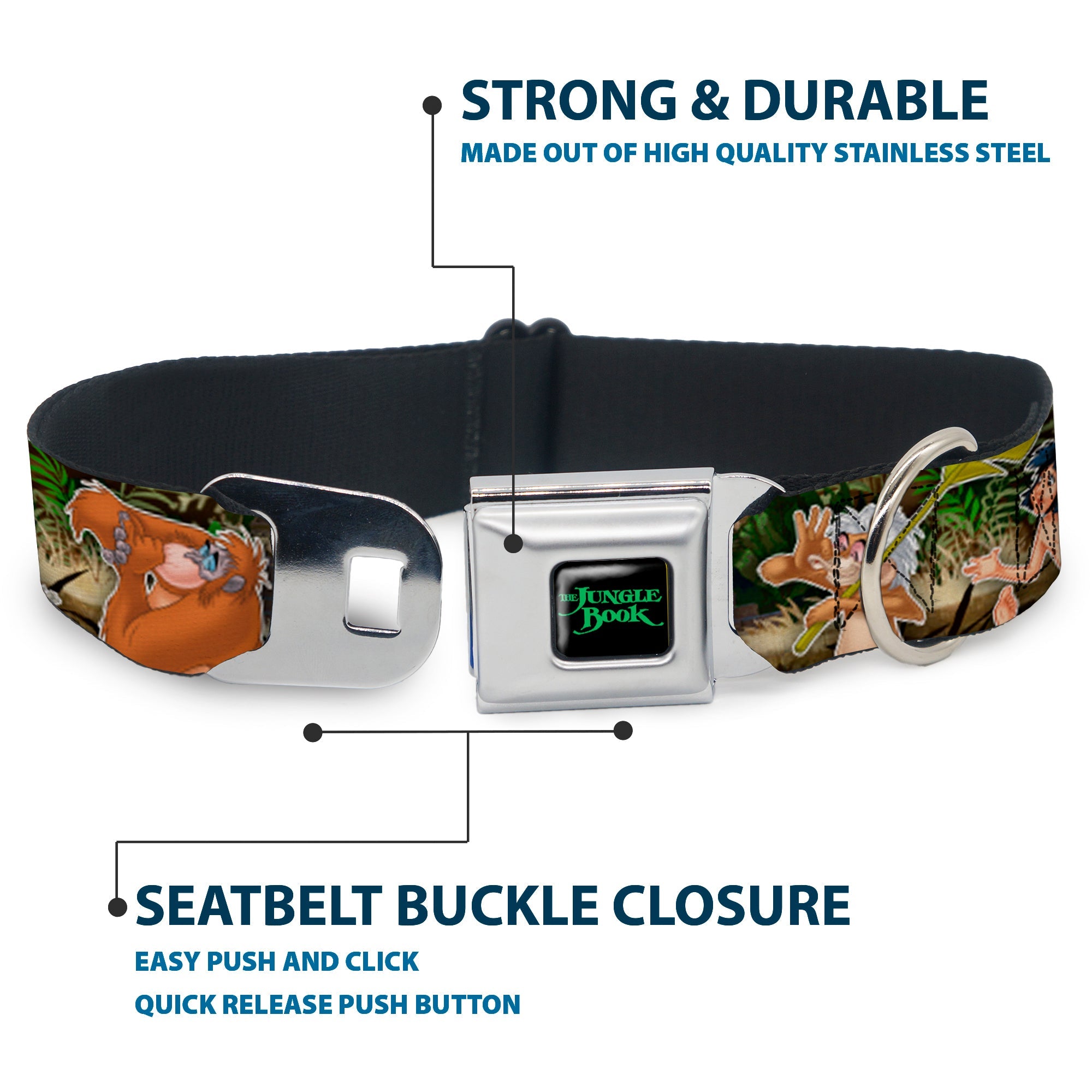 THE JUNGLE BOOK Full Color Black/Green Seatbelt Buckle Collar - The Jungle Book I Wanna Be Like You 4-Character Scene