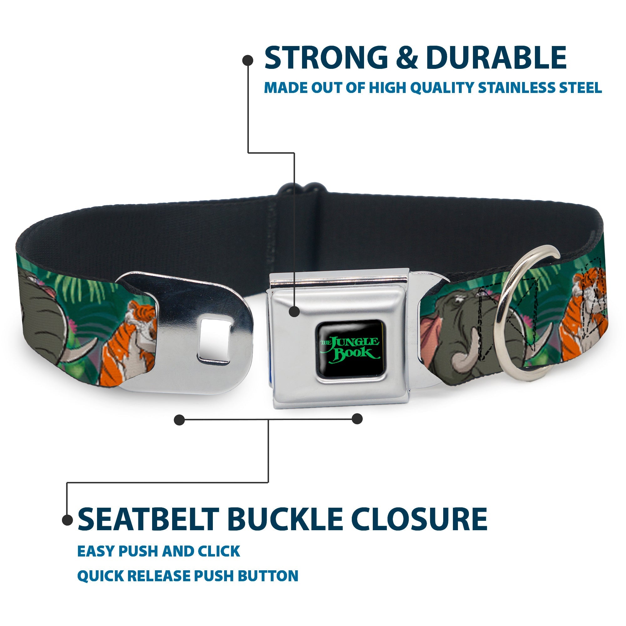 THE JUNGLE BOOK Full Color Black/Green Seatbelt Buckle Collar - The Jungle Book 8-Character Group Greens