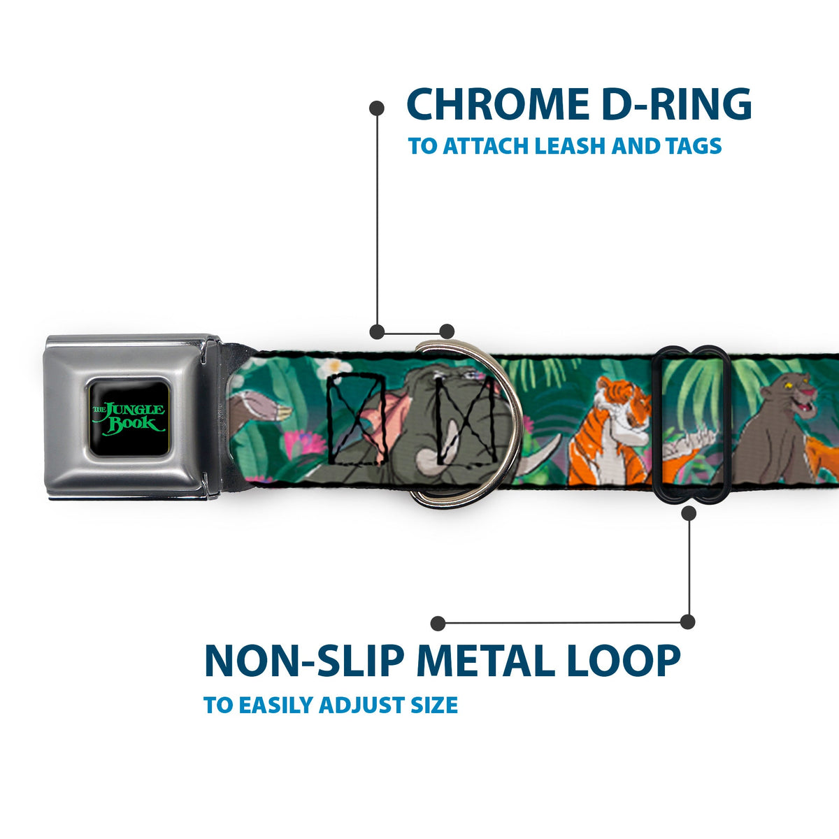 THE JUNGLE BOOK Full Color Black/Green Seatbelt Buckle Collar - The Jungle Book 8-Character Group Greens