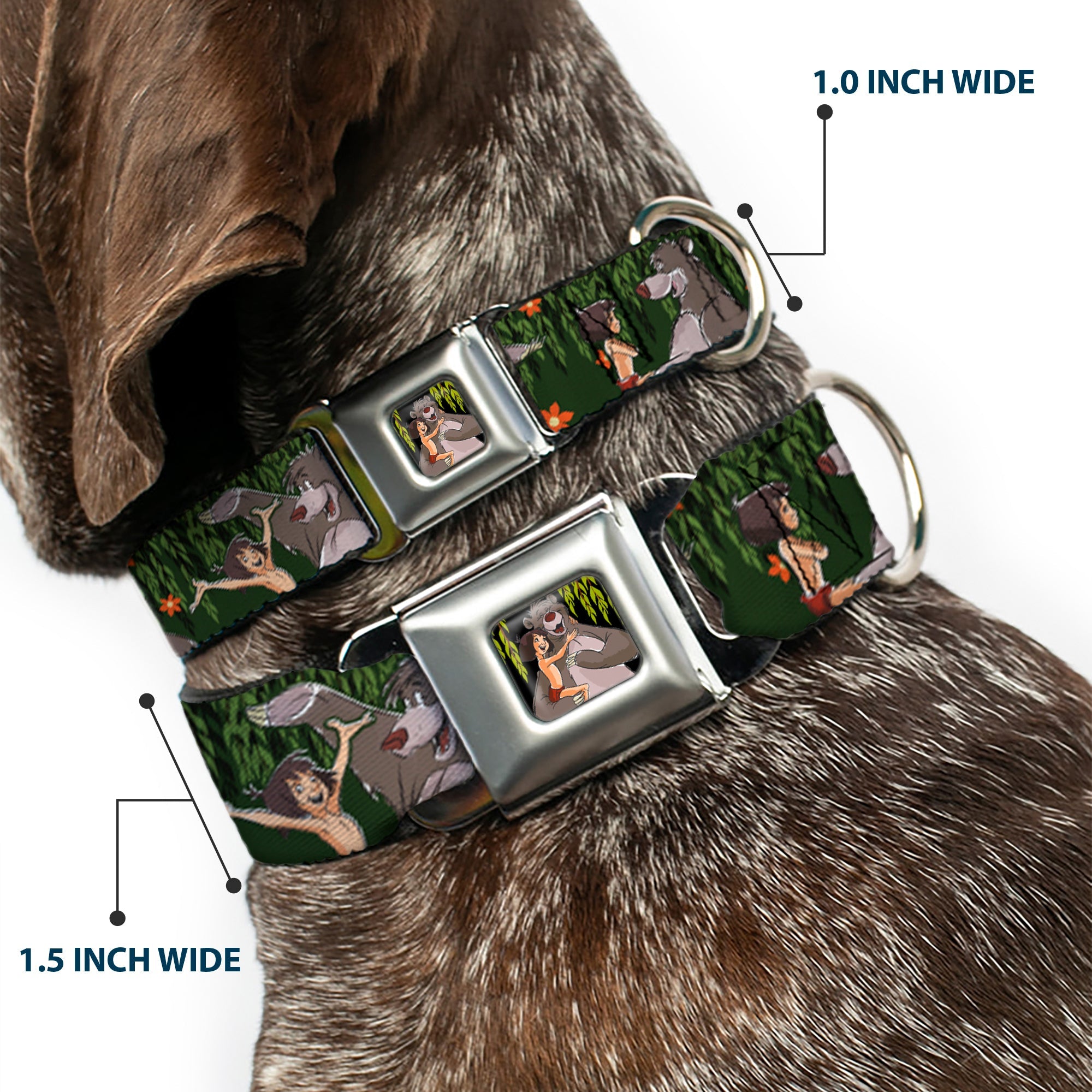 Mowgli & Baloo Hugging/Leaves Full Color Black/Greens Seatbelt Buckle Collar - Mowgli & Baloo 3-Poses Leaves/Flowers Greens/Orange