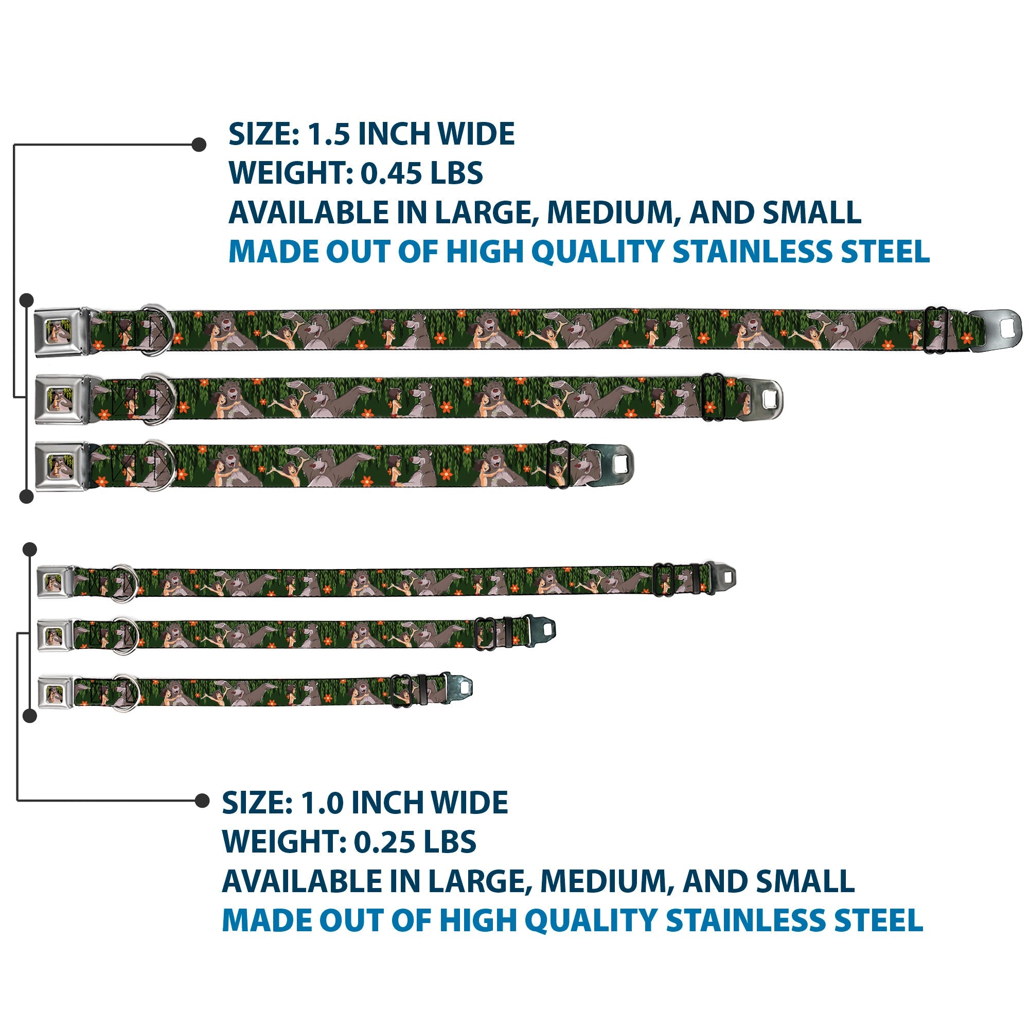 Mowgli & Baloo Hugging/Leaves Full Color Black/Greens Seatbelt Buckle Collar - Mowgli & Baloo 3-Poses Leaves/Flowers Greens/Orange