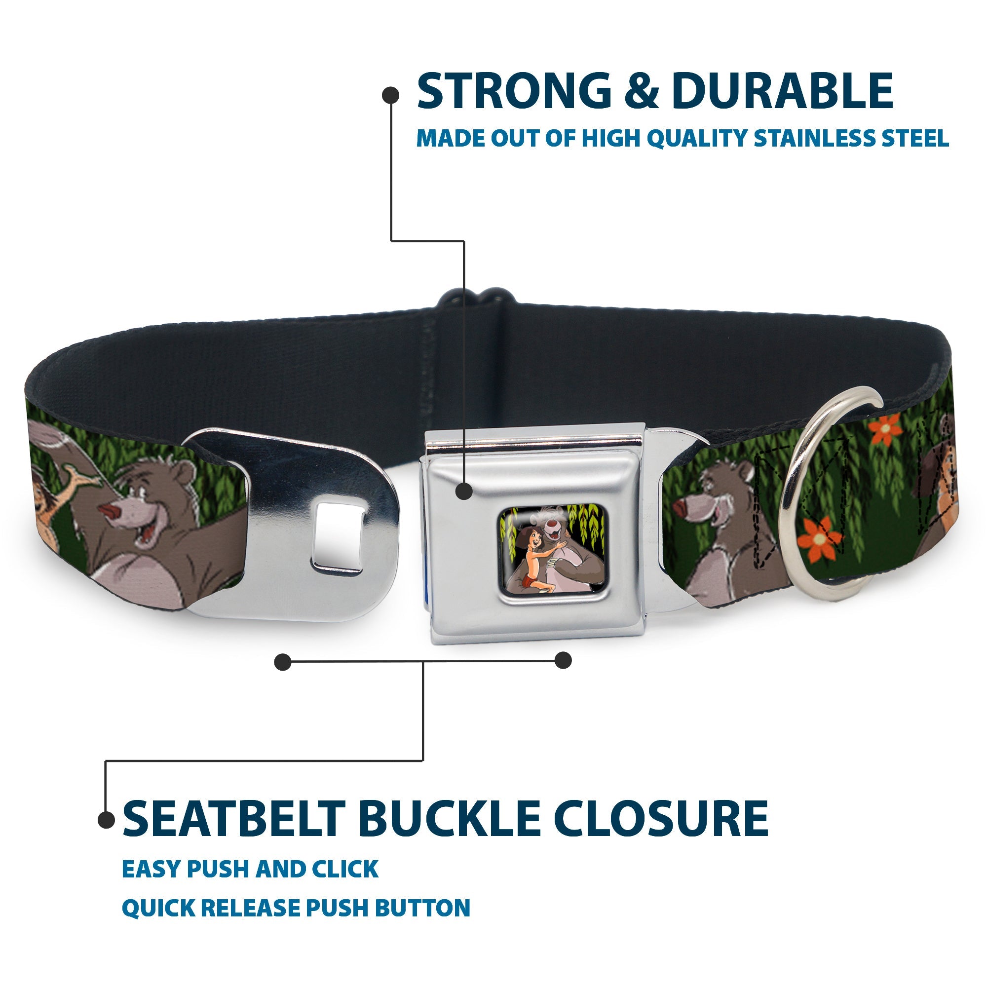 Mowgli & Baloo Hugging/Leaves Full Color Black/Greens Seatbelt Buckle Collar - Mowgli & Baloo 3-Poses Leaves/Flowers Greens/Orange
