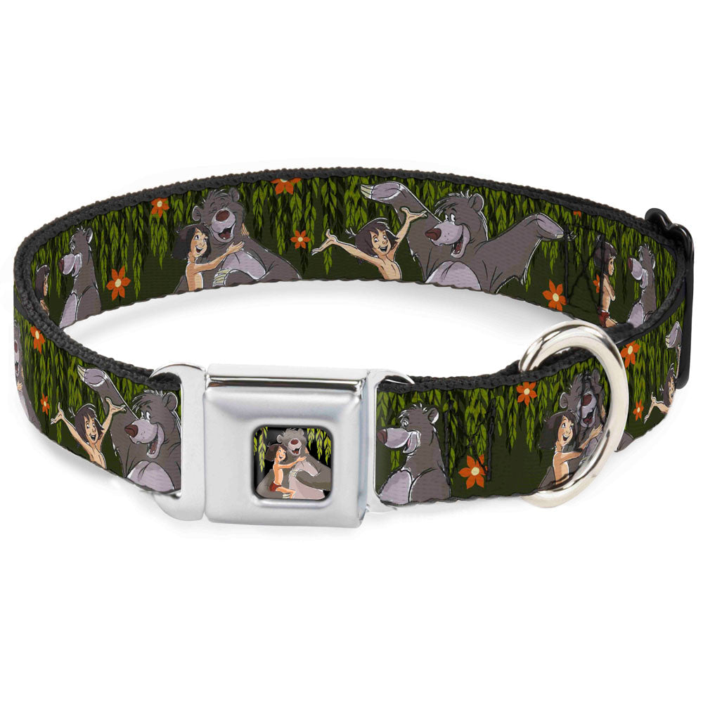 Mowgli & Baloo Hugging/Leaves Full Color Black/Greens Seatbelt Buckle Collar - Mowgli & Baloo 3-Poses Leaves/Flowers Greens/Orange