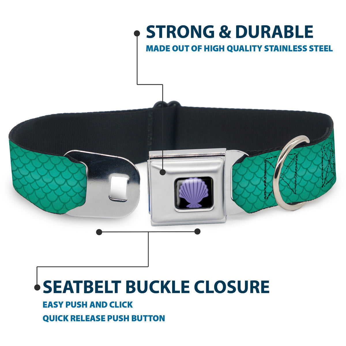 Little Mermaid Clam Shell Full Color Black/Purples Seatbelt Buckle Collar - Ariels Scales Turquoise Blues