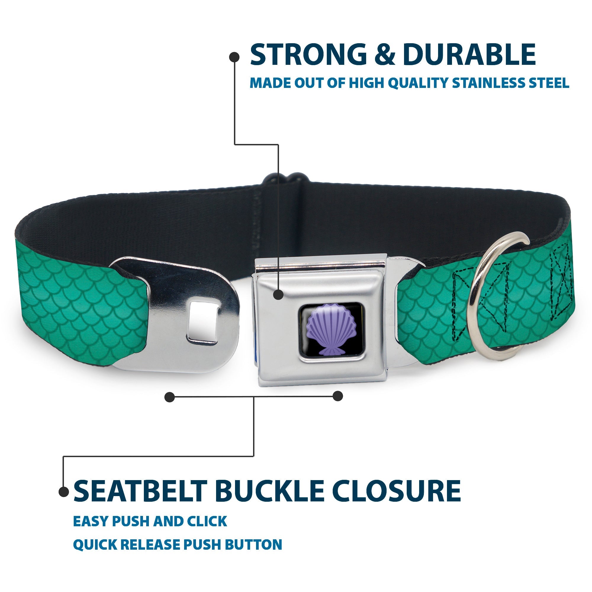 Little Mermaid Clam Shell Full Color Black/Purples Seatbelt Buckle Collar - Ariels Scales Turquoise Blues