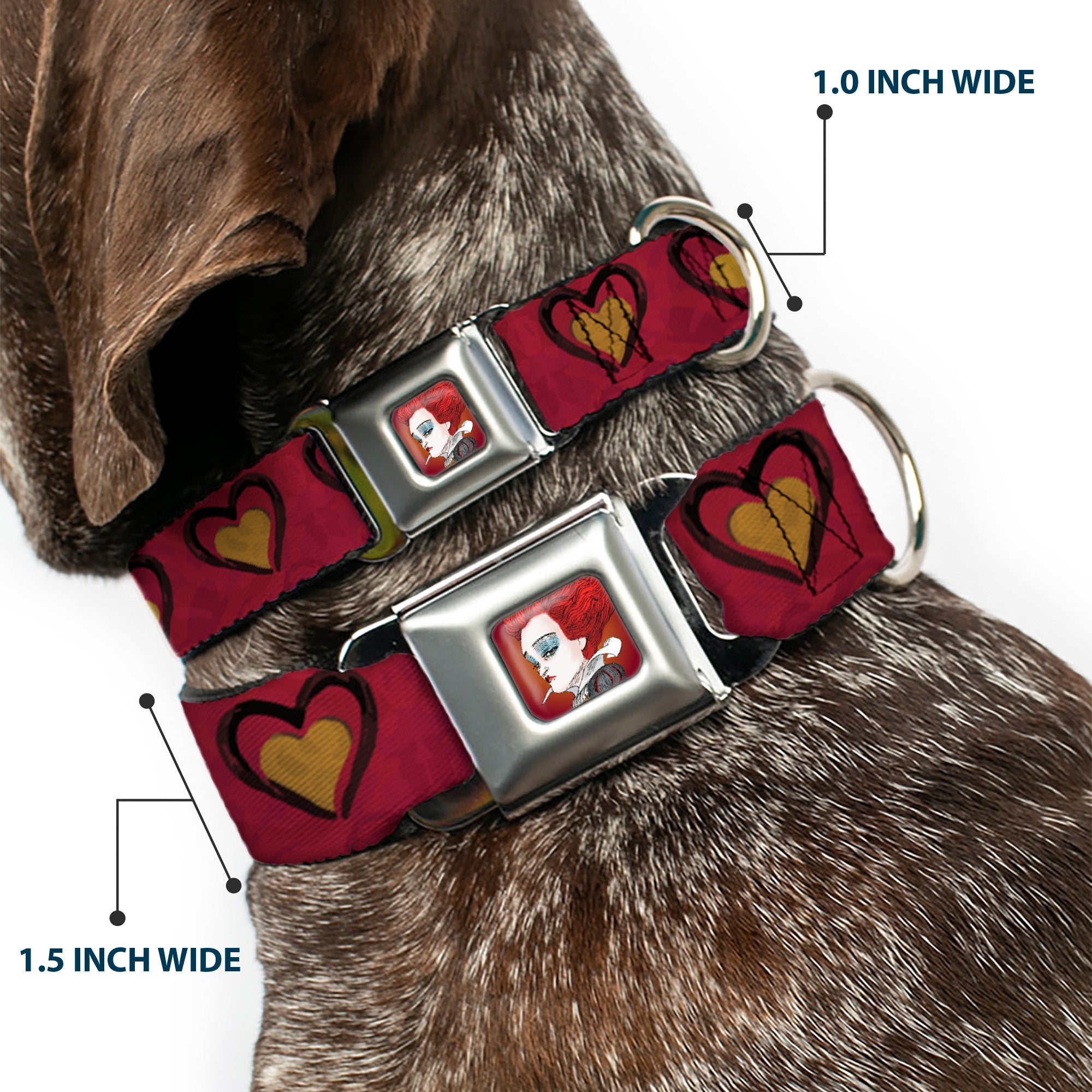 Alice in Wonderland Queen Face Full Color Red Seatbelt Buckle Collar - Alice in Wonderland Queens Hearts Reds/Black/Gold
