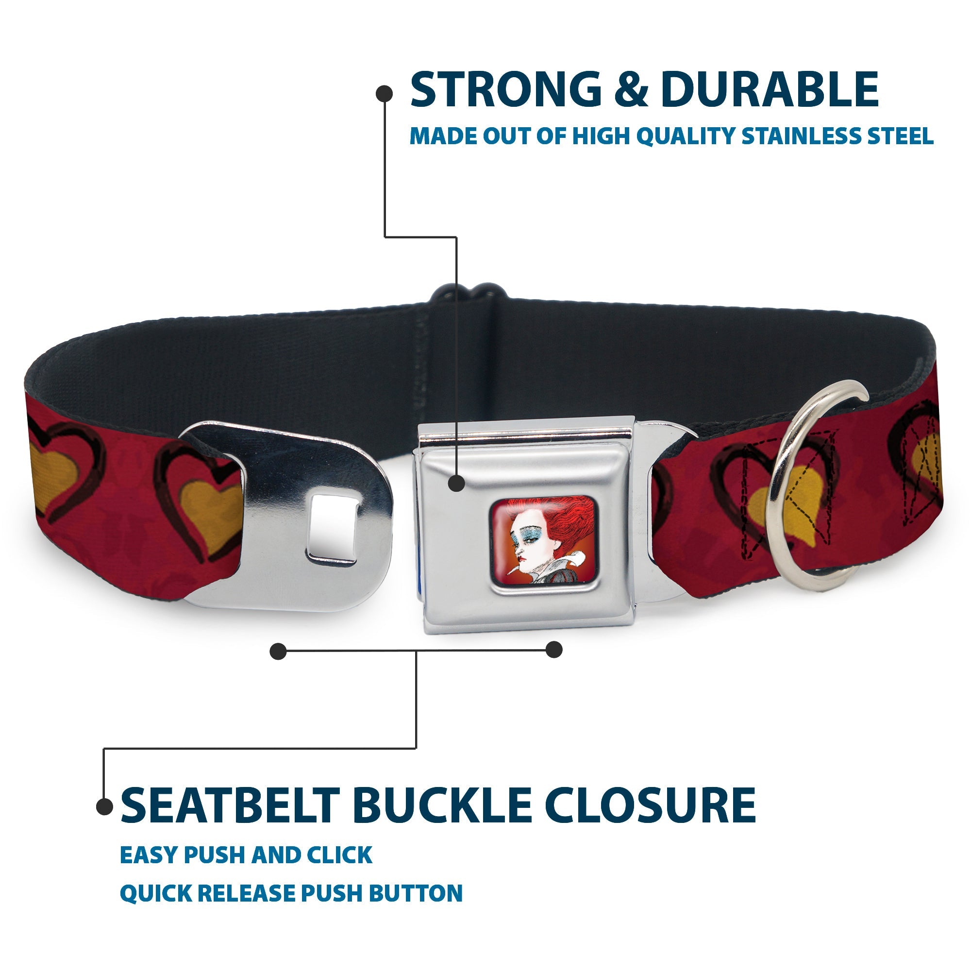 Alice in Wonderland Queen Face Full Color Red Seatbelt Buckle Collar - Alice in Wonderland Queens Hearts Reds/Black/Gold