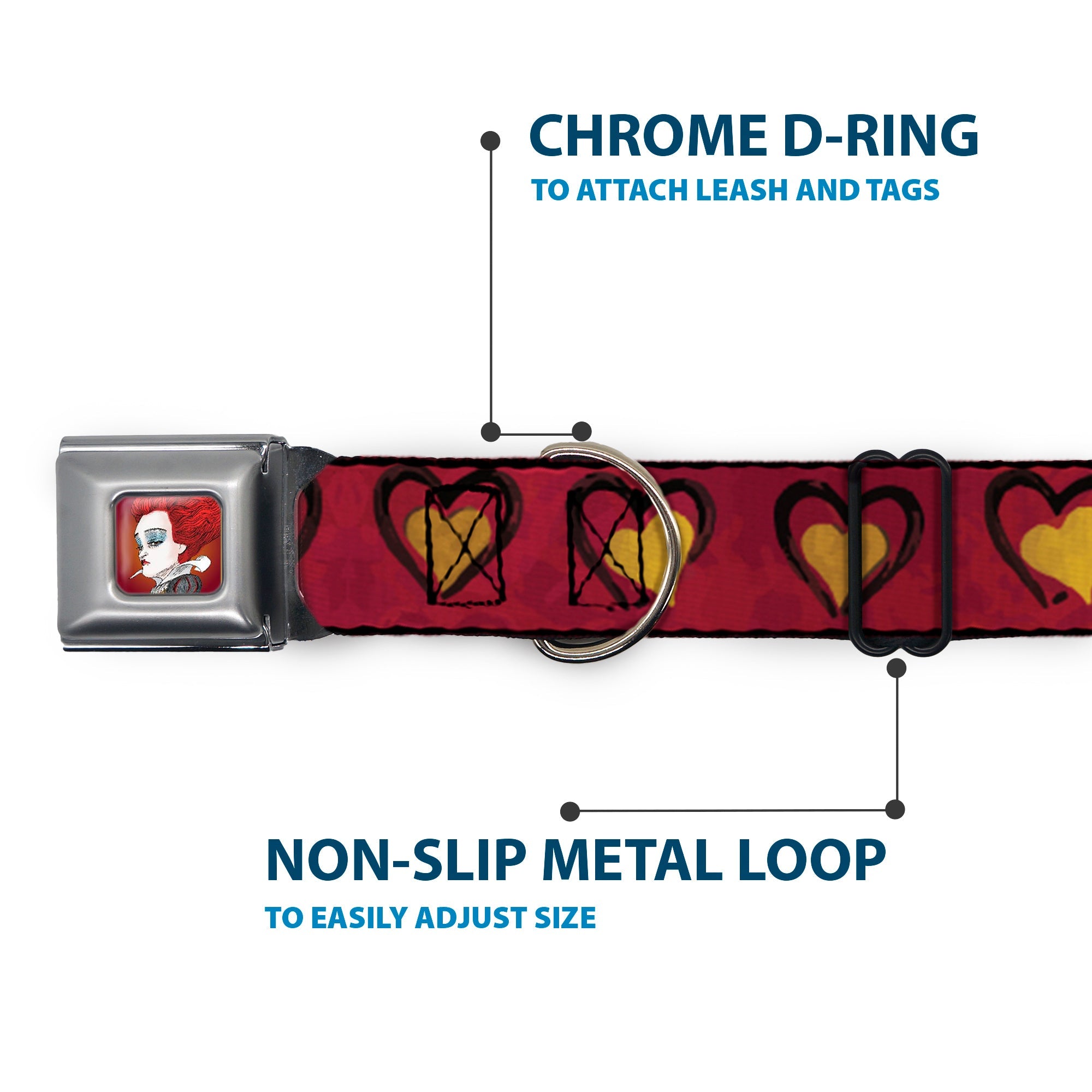 Alice in Wonderland Queen Face Full Color Red Seatbelt Buckle Collar - Alice in Wonderland Queens Hearts Reds/Black/Gold