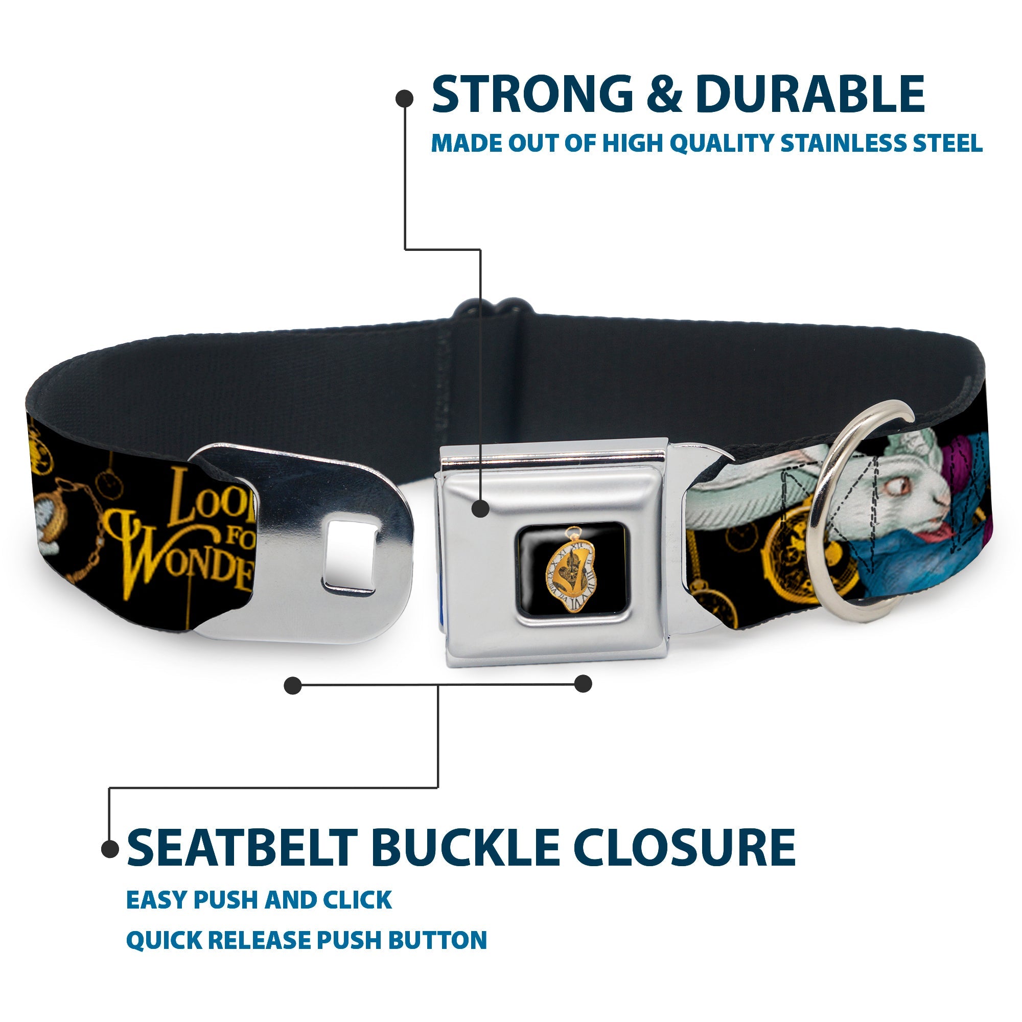 Alice in Wonderland Clock Full Color Black/Gold/White Seatbelt Buckle Collar - White Rabbit Poses LOOKING FOR WONDERLAND/Clocks Black/Golds