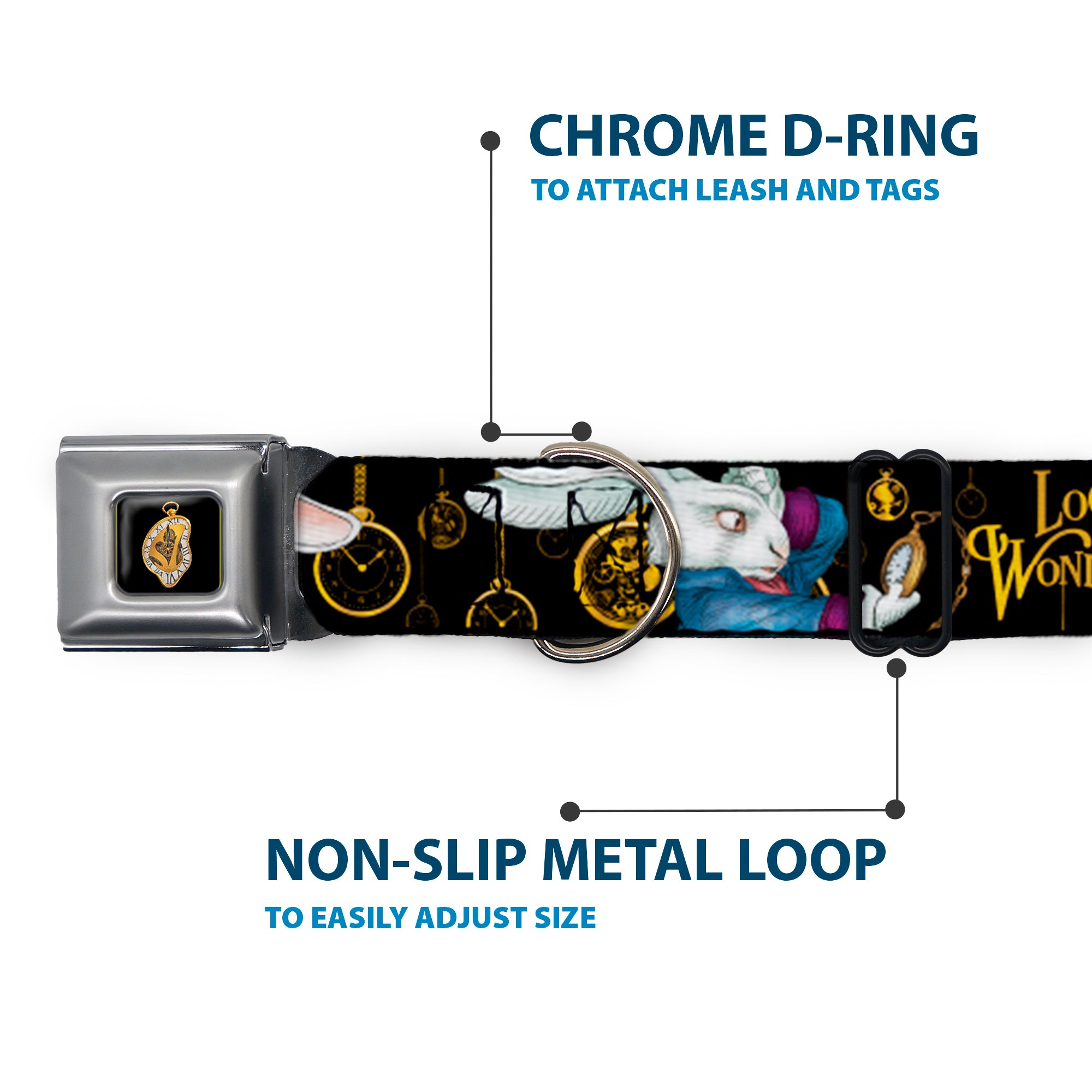 Alice in Wonderland Clock Full Color Black/Gold/White Seatbelt Buckle Collar - White Rabbit Poses LOOKING FOR WONDERLAND/Clocks Black/Golds