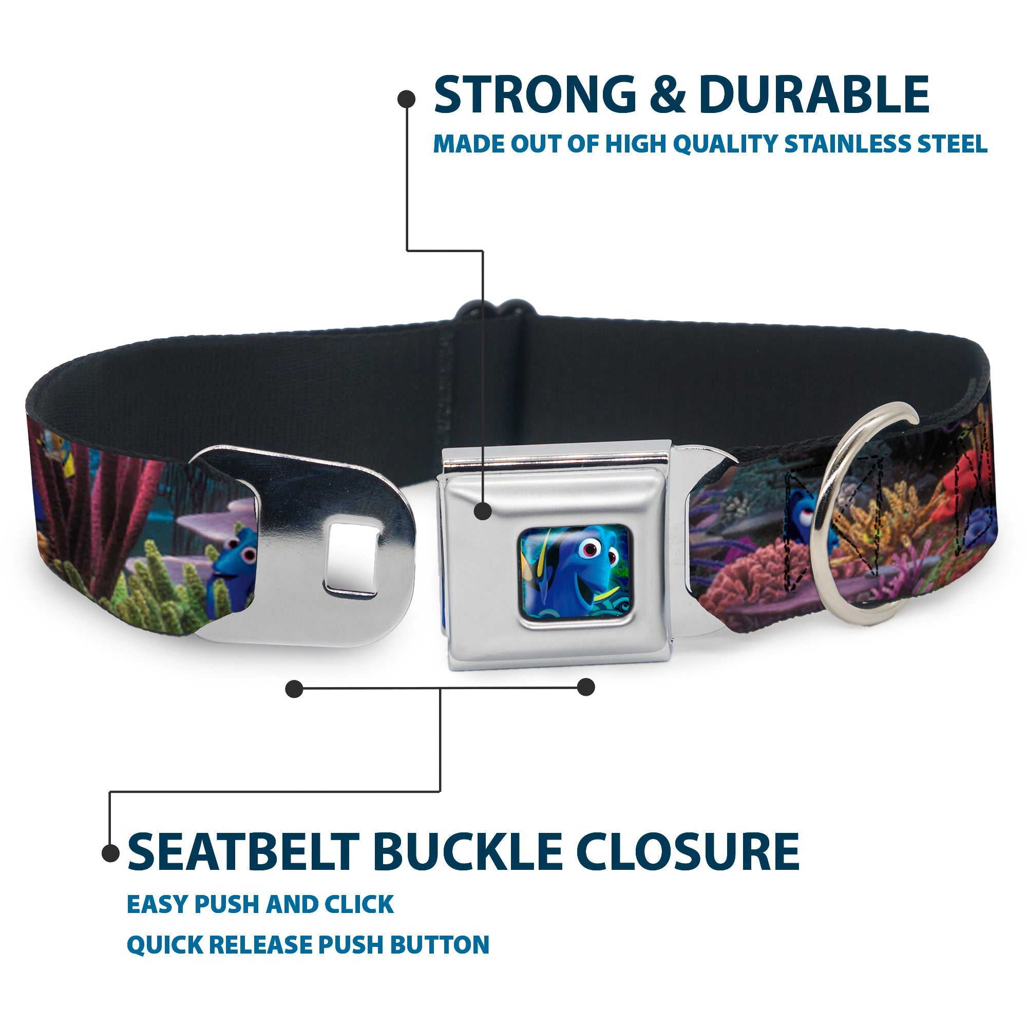 Dory Pose3/Swirls Full Color Blues Seatbelt Buckle Collar - Dory 4-Hiding Poses Under the Sea