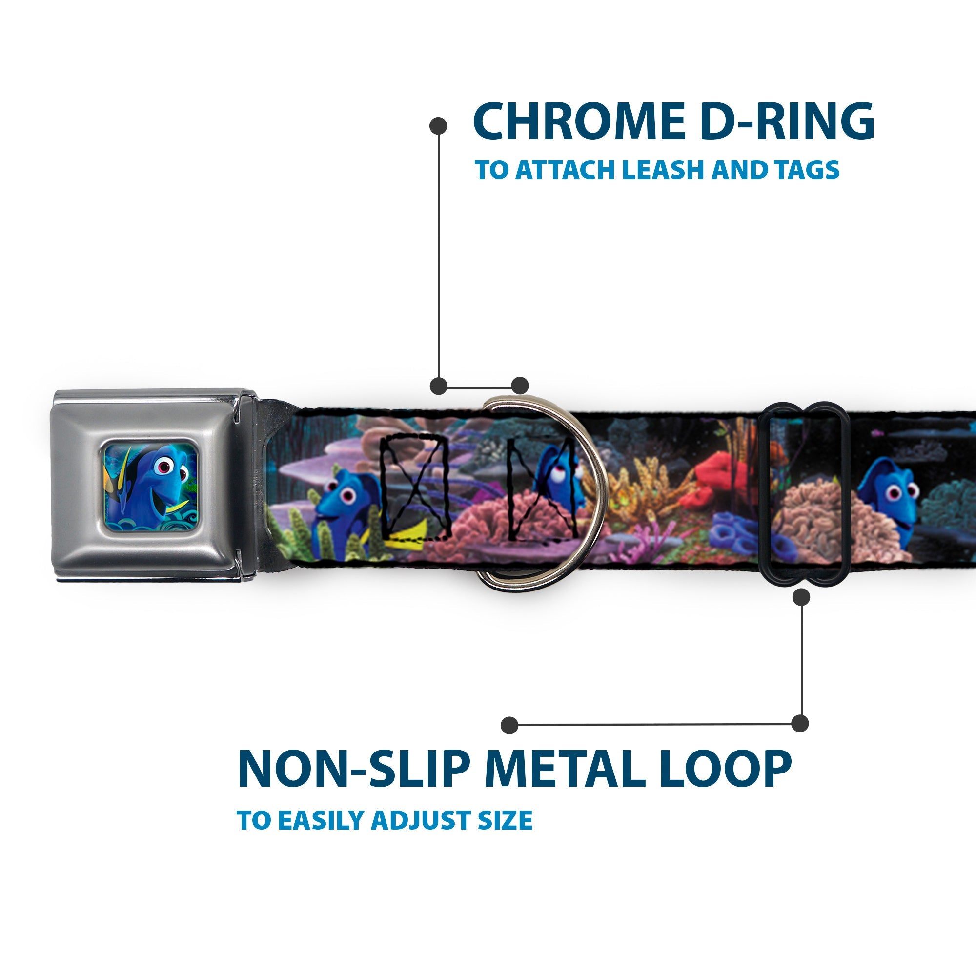 Dory Pose3/Swirls Full Color Blues Seatbelt Buckle Collar - Dory 4-Hiding Poses Under the Sea