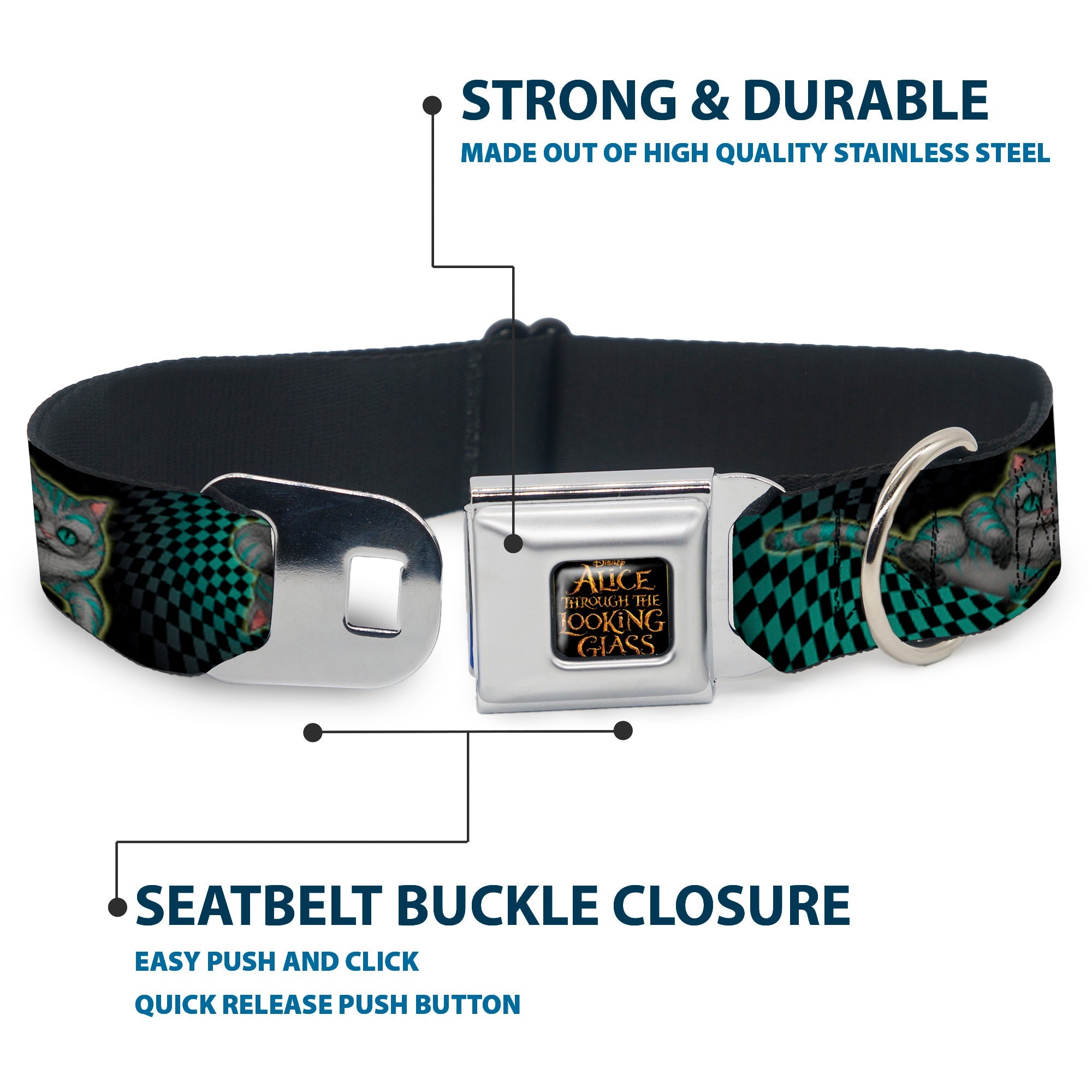 ALICE THROUGH THE LOOKING GLASS Logo Full Color Black/Gold Seatbelt Buckle Collar - Cheshire Cat 4-Poses Checkers Teal/Black