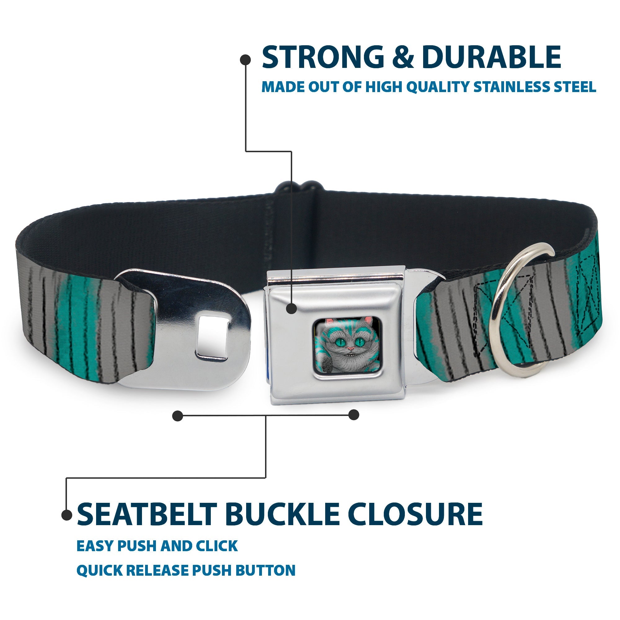 Alice Through the Looking Glass Cheshire Cat Pose Full Color Black Seatbelt Buckle Collar - Cheshire Cat Stripes Gray/Teal/Black