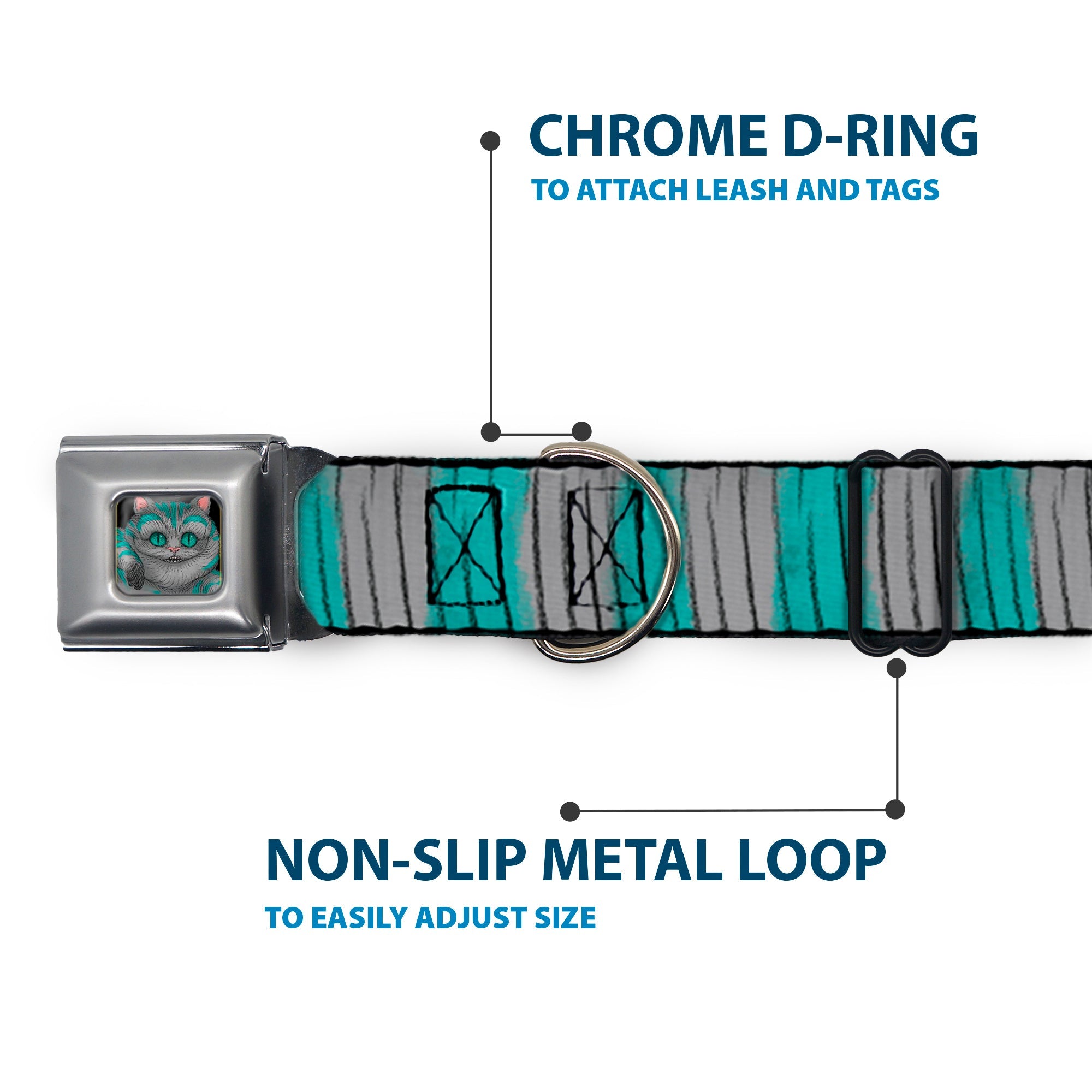 Alice Through the Looking Glass Cheshire Cat Pose Full Color Black Seatbelt Buckle Collar - Cheshire Cat Stripes Gray/Teal/Black