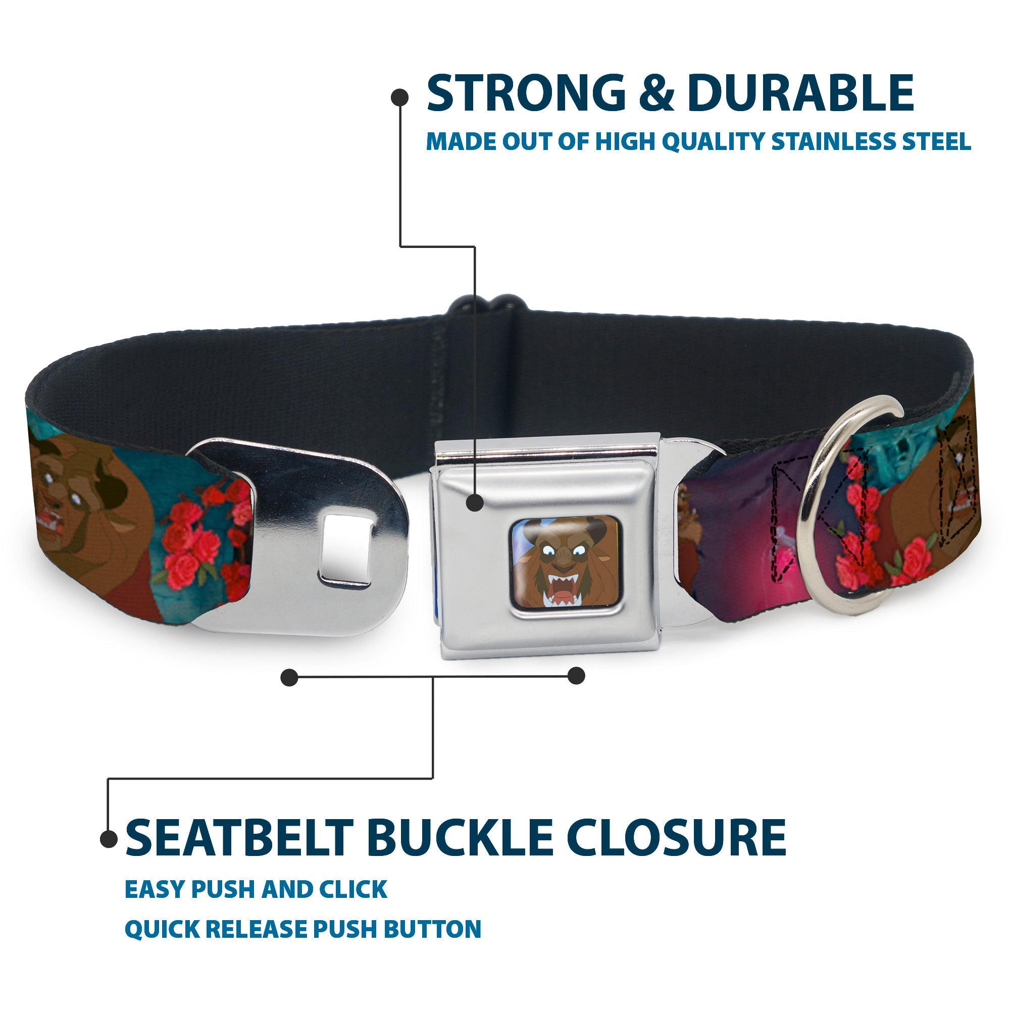 Beast Face CLOSE-UP Full Color Seatbelt Buckle Collar - Beast 4-Scenes/Roses