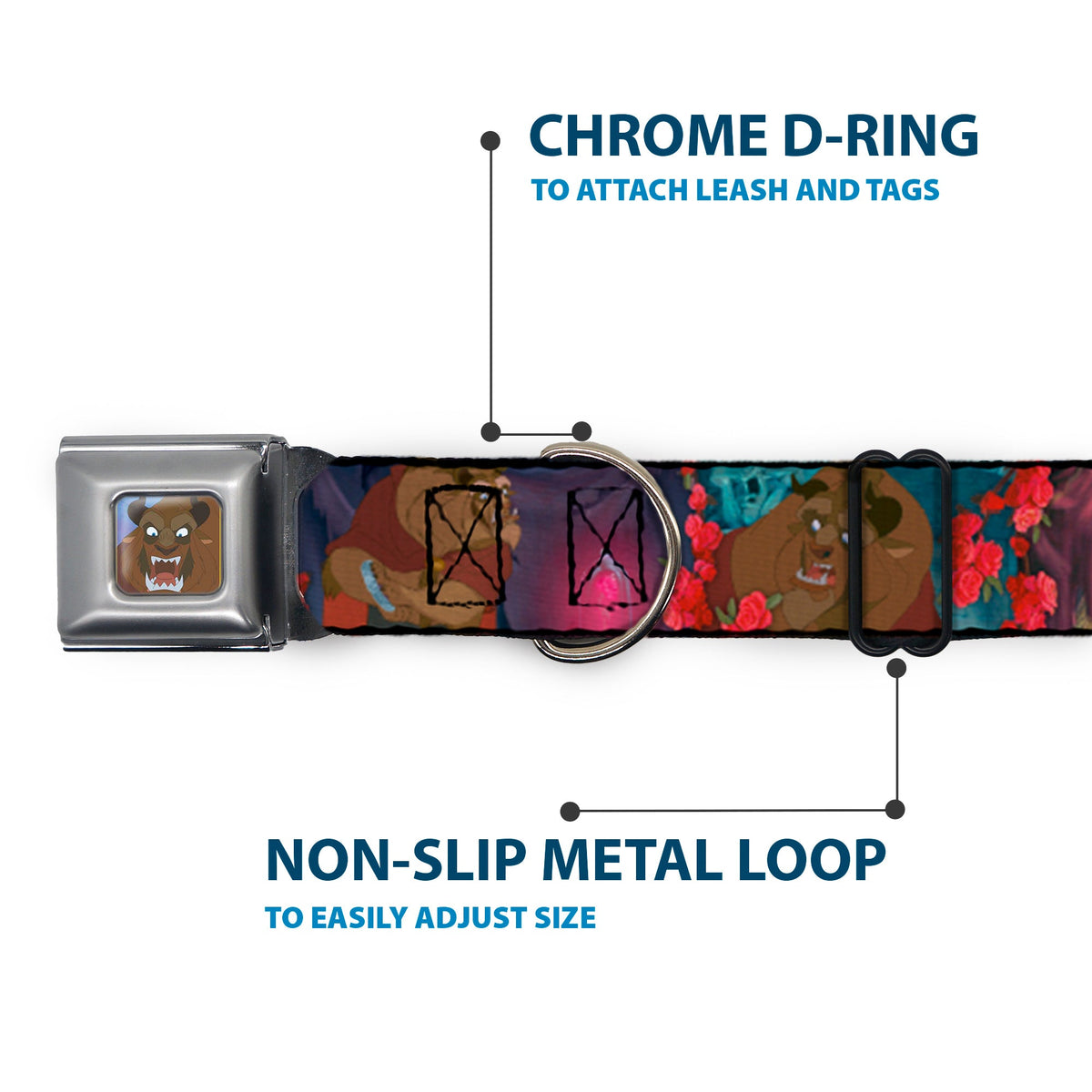Beast Face CLOSE-UP Full Color Seatbelt Buckle Collar - Beast 4-Scenes/Roses