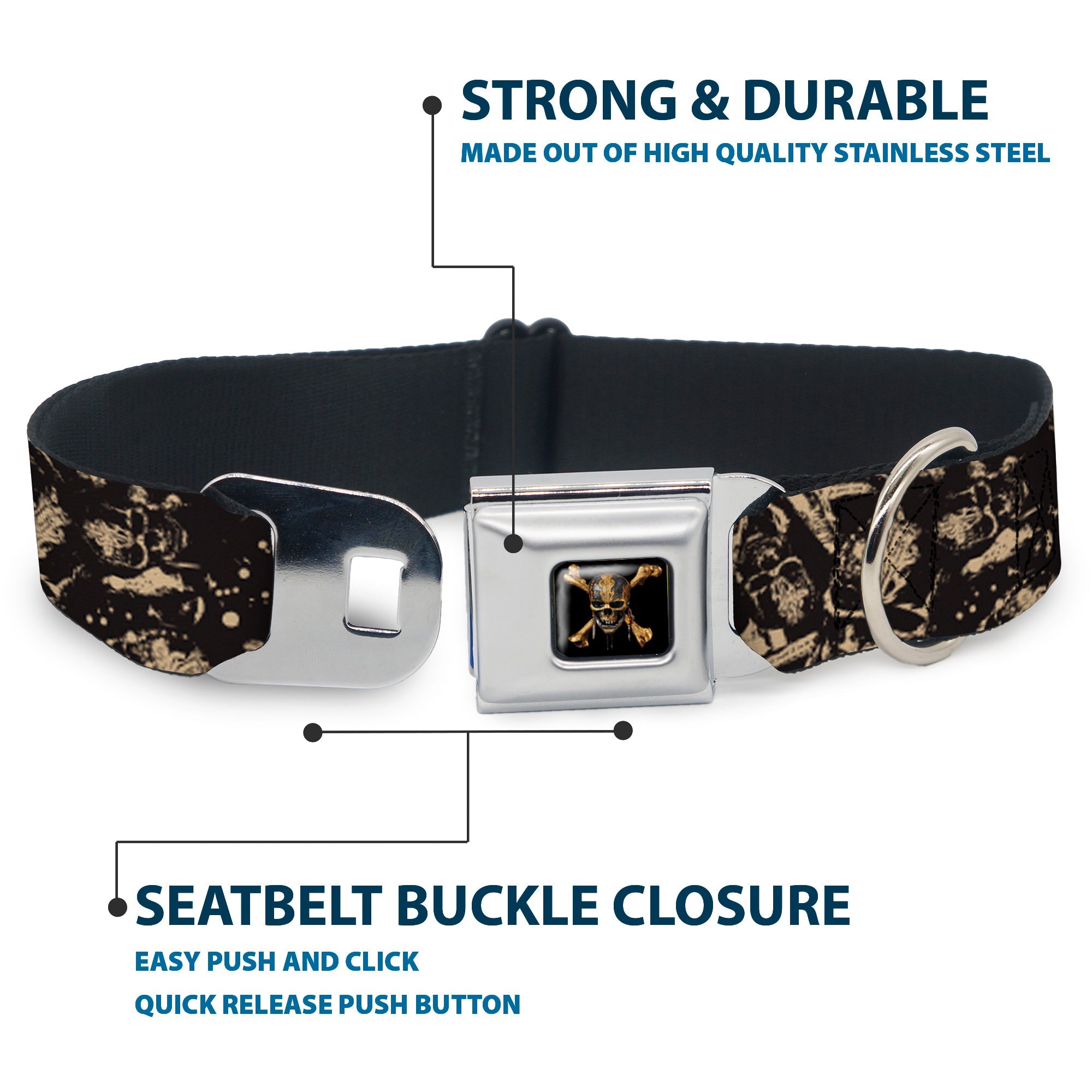Pirates of The Caribbean Dead Men Tell No Tales Skull Icon Full Color Black Seatbelt Buckle Collar - Pirates Skulls Scattered/Splatter Black/Tan/Red