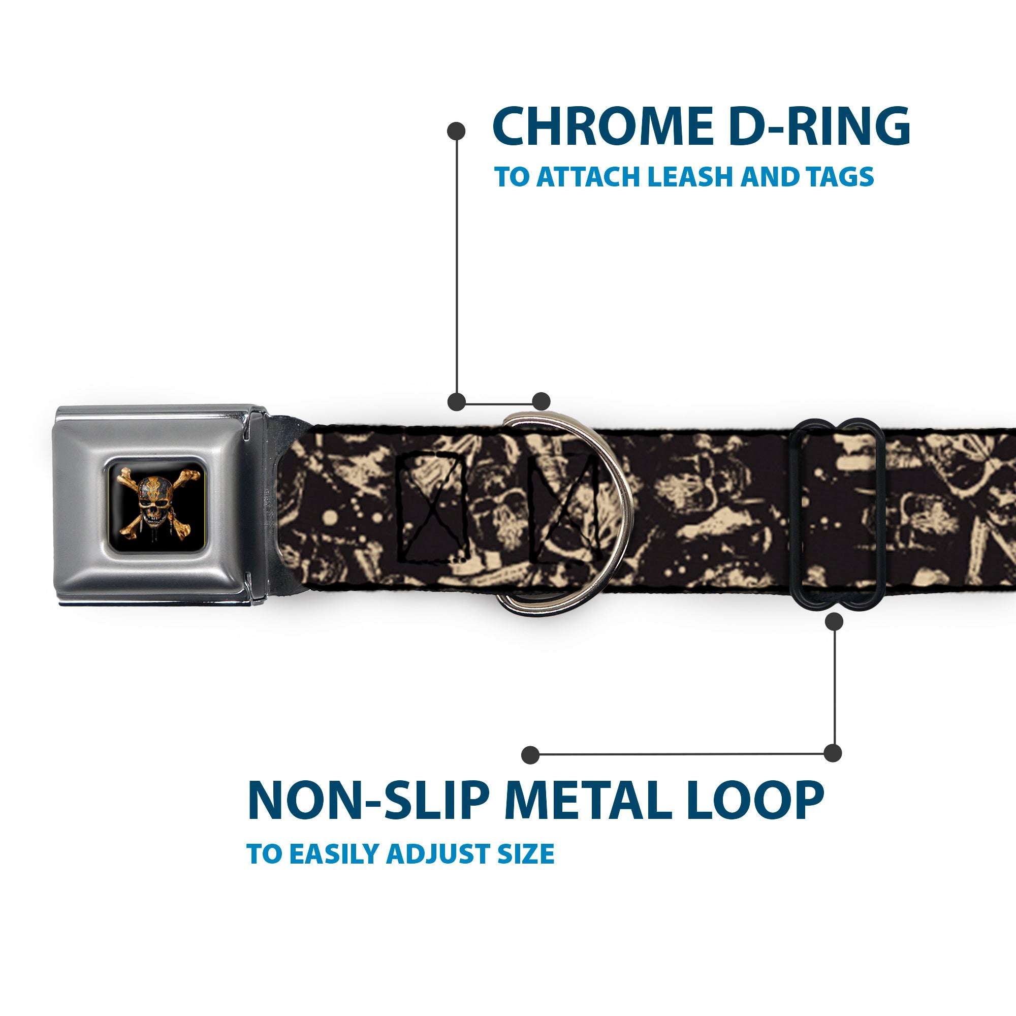 Pirates of The Caribbean Dead Men Tell No Tales Skull Icon Full Color Black Seatbelt Buckle Collar - Pirates Skulls Scattered/Splatter Black/Tan/Red