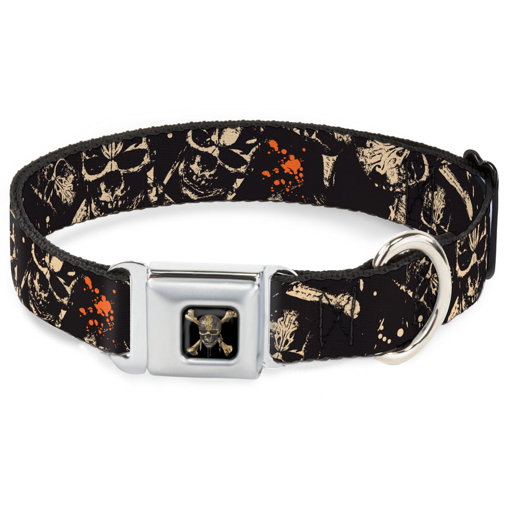 Pirates of The Caribbean Dead Men Tell No Tales Skull Icon Full Color Black Seatbelt Buckle Collar - Pirates Skulls Scattered/Splatter Black/Tan/Red