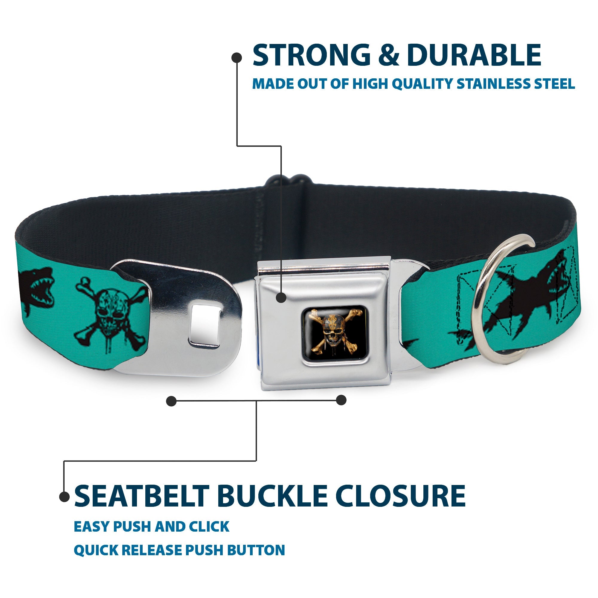 Pirates of The Caribbean Dead Men Tell No Tales Skull Icon Full Color Black Seatbelt Buckle Collar - Pirates Skull & Crossbones/Sharks Turquoise/Black