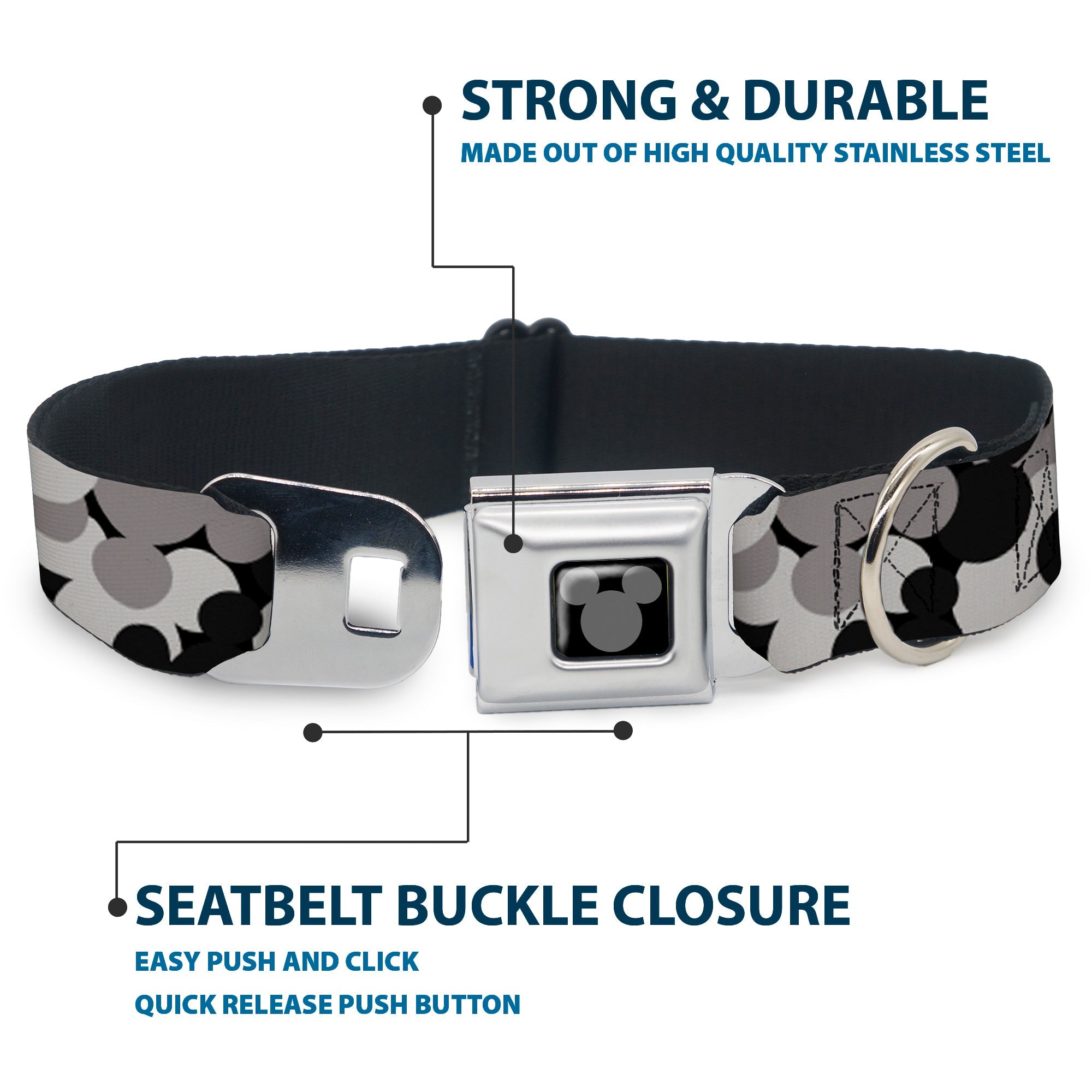Mickey Mouse Head Silhouette Black Silver Seatbelt Buckle Collar - Mickey Mouse Head Stacked Black/Grays