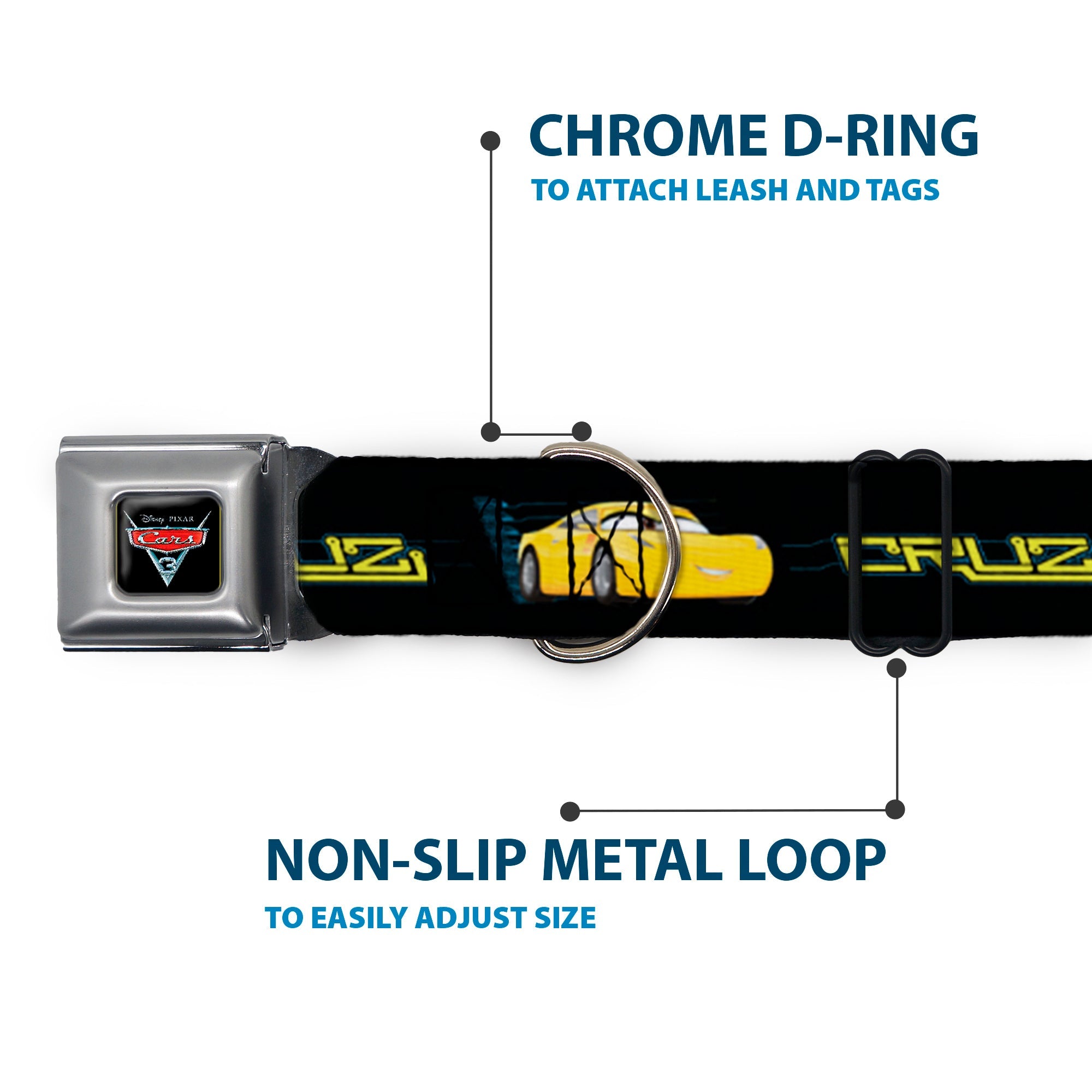 CARS 3 Emblem Full Color Black Silver Red Seatbelt Buckle Collar - Cars 3 CRUZ Car Profile Black/Blue/Yellow