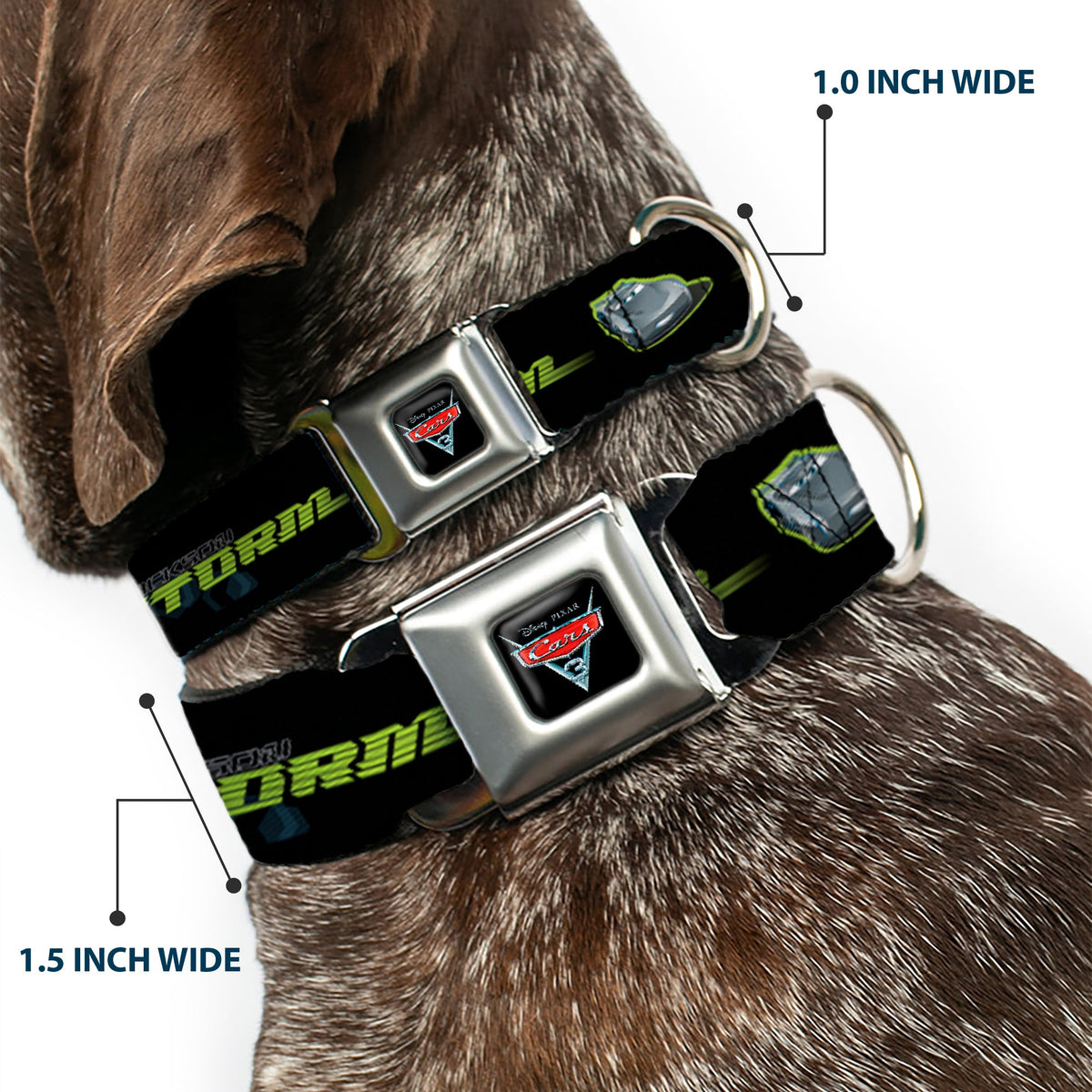 CARS 3 Emblem Full Color Black Silver Red Seatbelt Buckle Collar - Cars 3 JACKSON STORM Pose/STRIPE Black/Greens