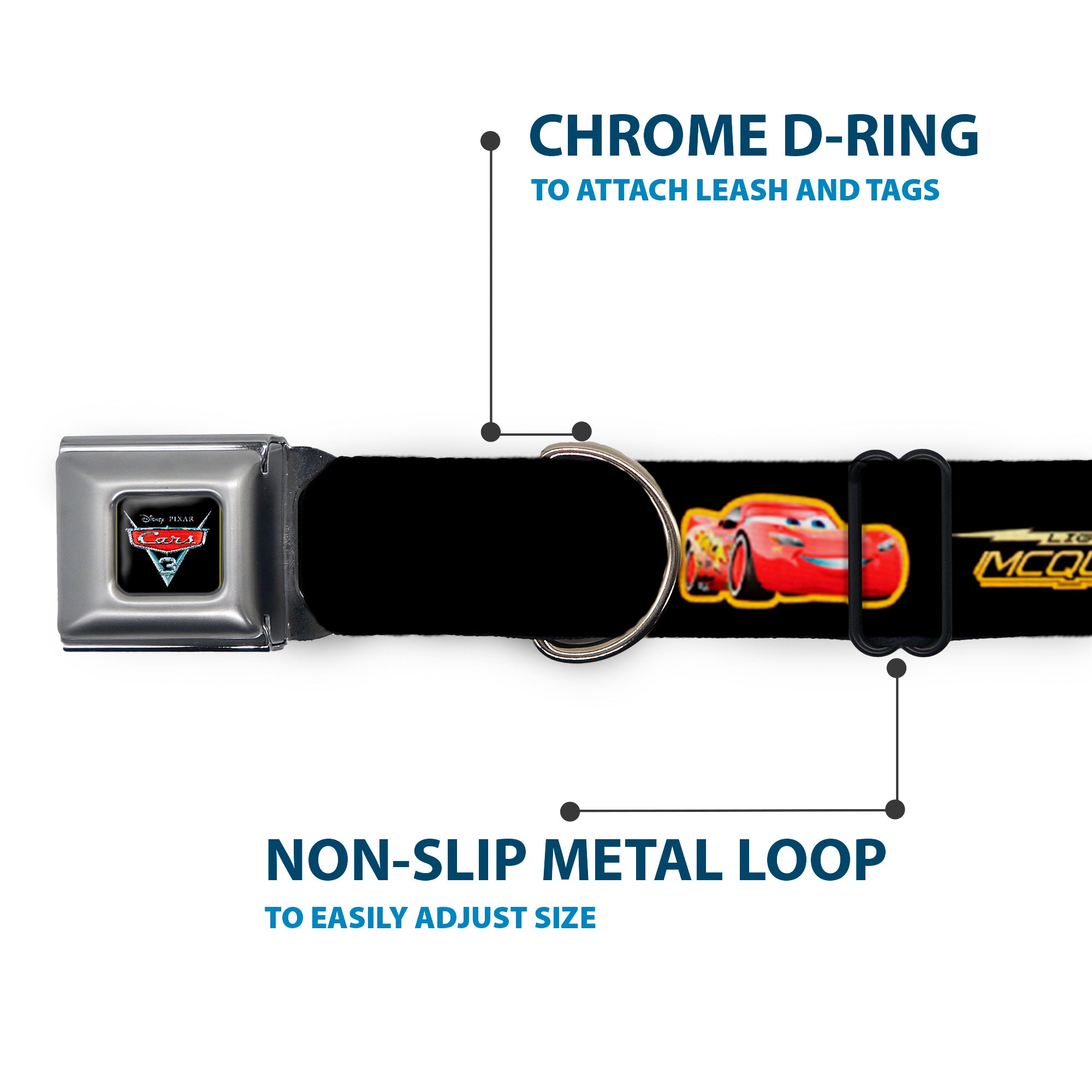 CARS 3 Emblem Full Color Black Silver Red Seatbelt Buckle Collar - Cars 3 LIGHTNING MCQUEEN Pose/Bolt Black/Yellows