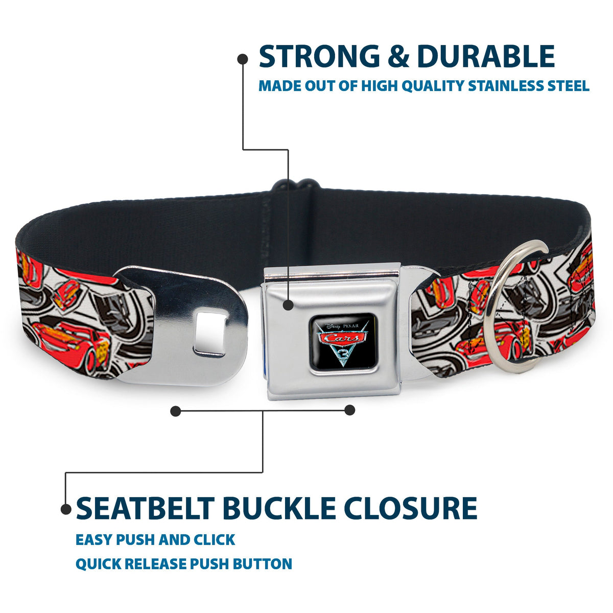 CARS 3 Emblem Full Color Black Silver Red Seatbelt Buckle Collar - Cars 3 Lightning McQueen/Storm Jackson Poses Scattered White