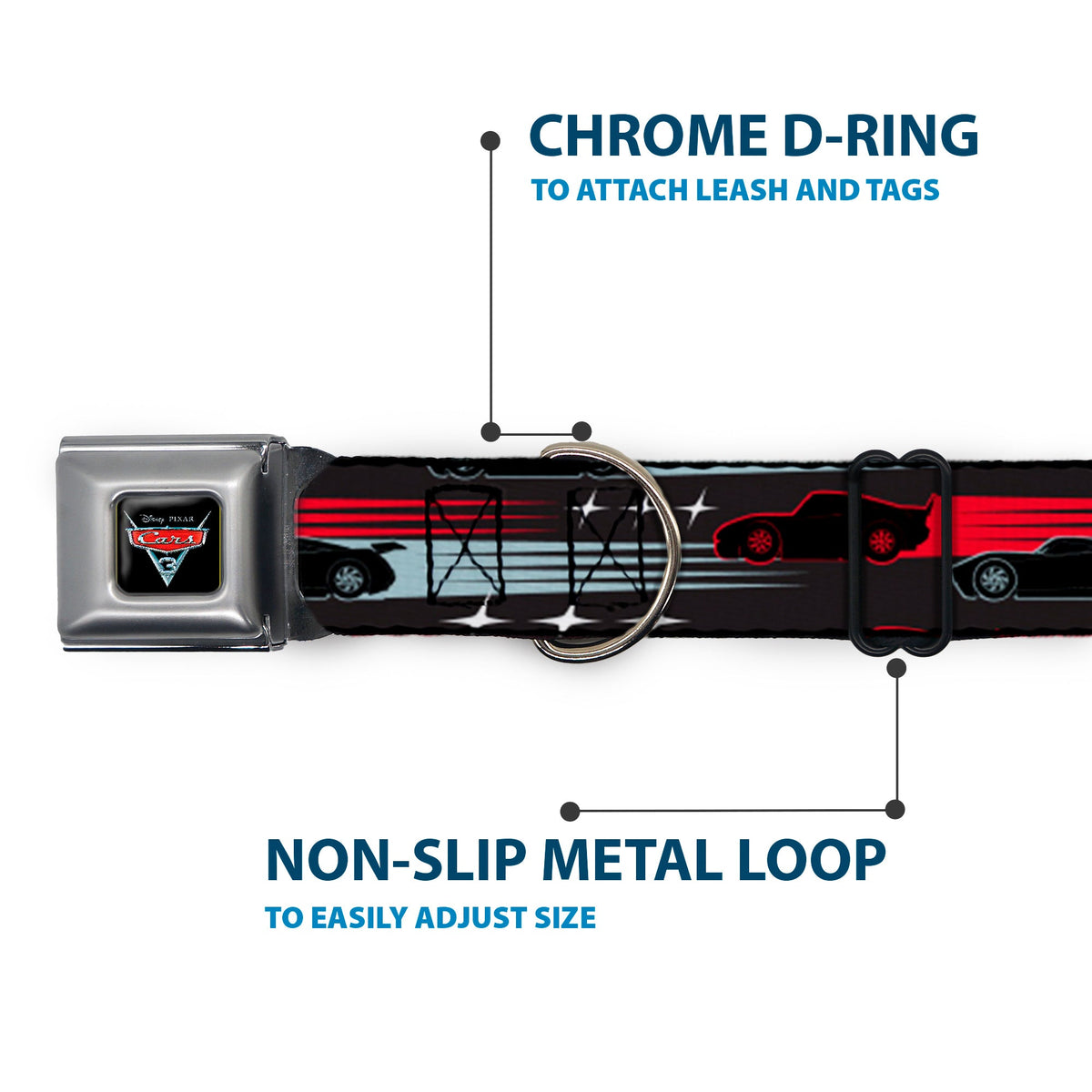 CARS 3 Emblem Full Color Black Silver Red Seatbelt Buckle Collar - Cars 3 Cars Stripes/Stars Grays/Blues/Reds