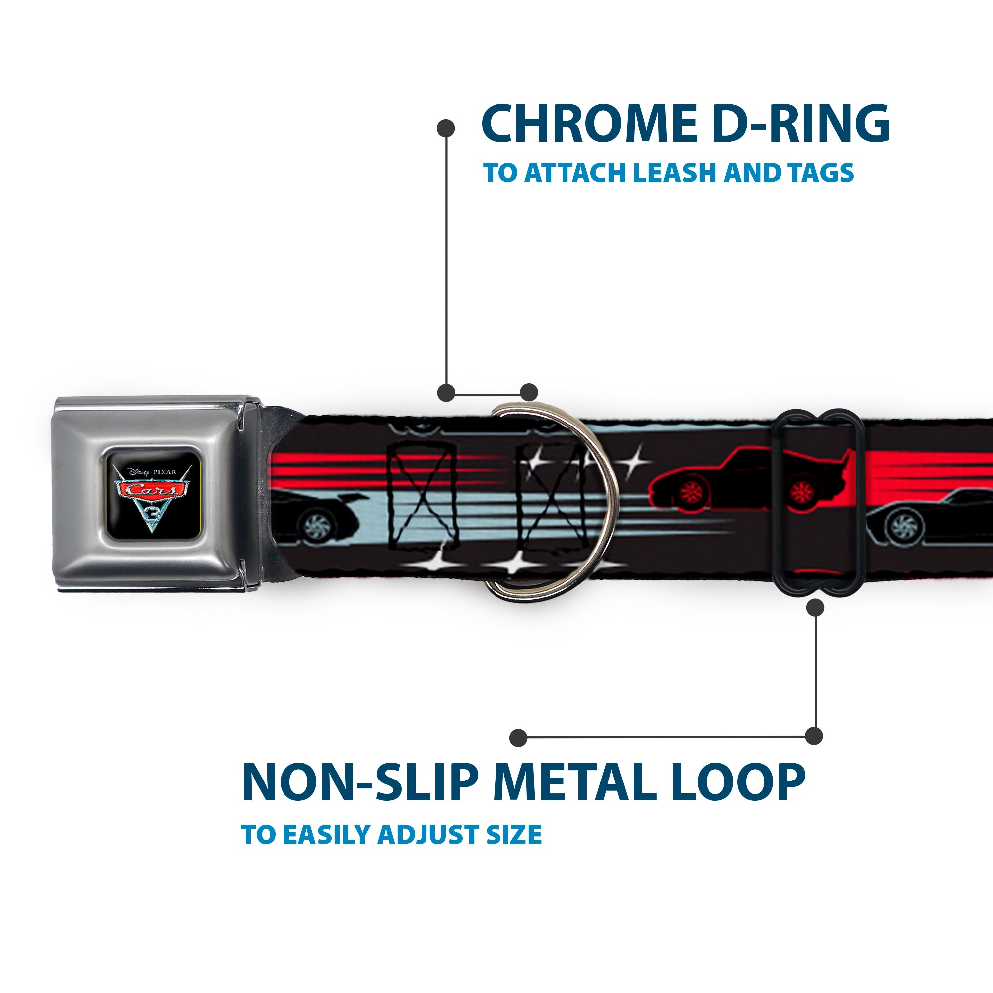 CARS 3 Emblem Full Color Black Silver Red Seatbelt Buckle Collar - Cars 3 Cars Stripes/Stars Grays/Blues/Reds