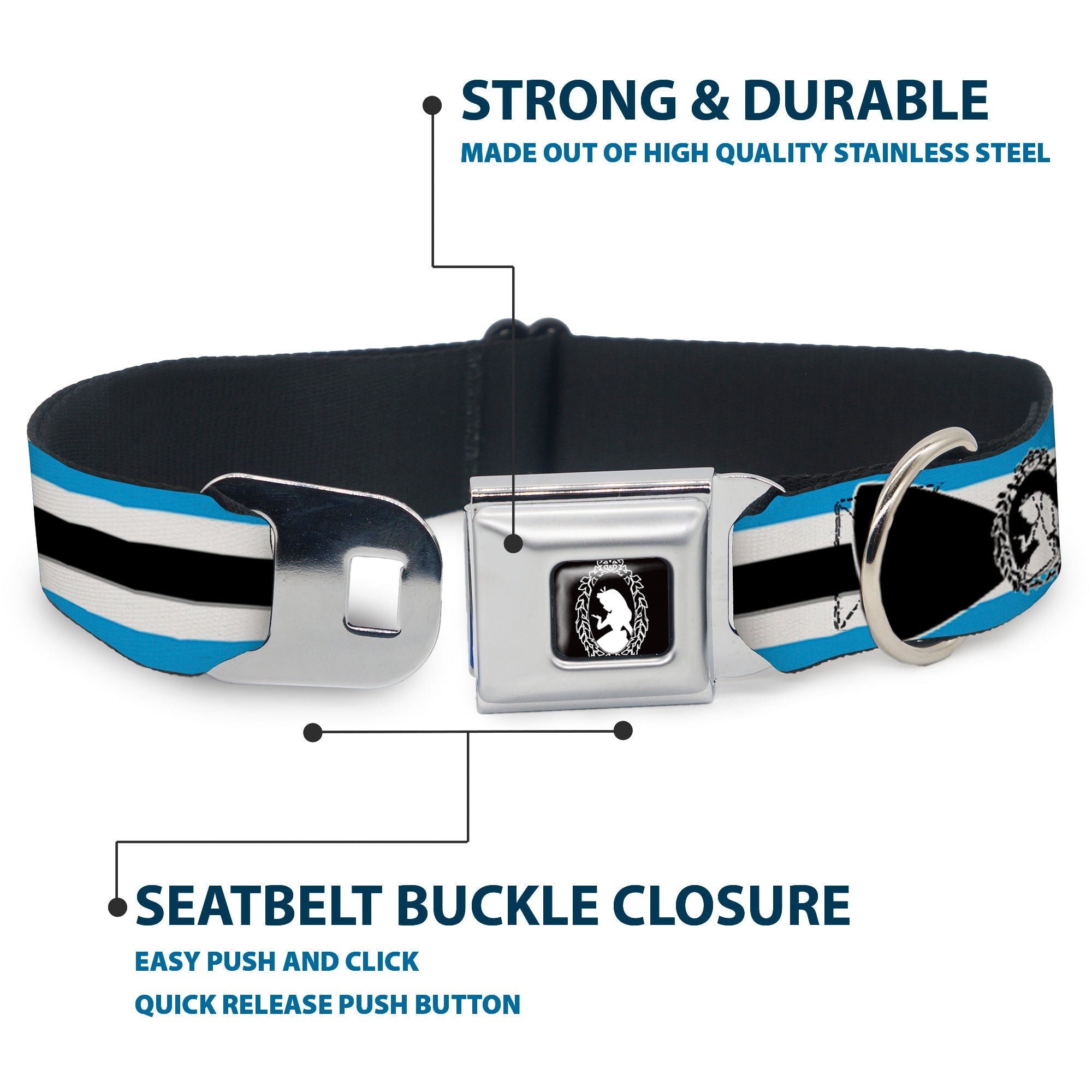 Alice Silhouette Cameo Pose Black White Seatbelt Buckle Collar - Alice in Wonderland Stripe/Bow Silhouette Blue/Black/White