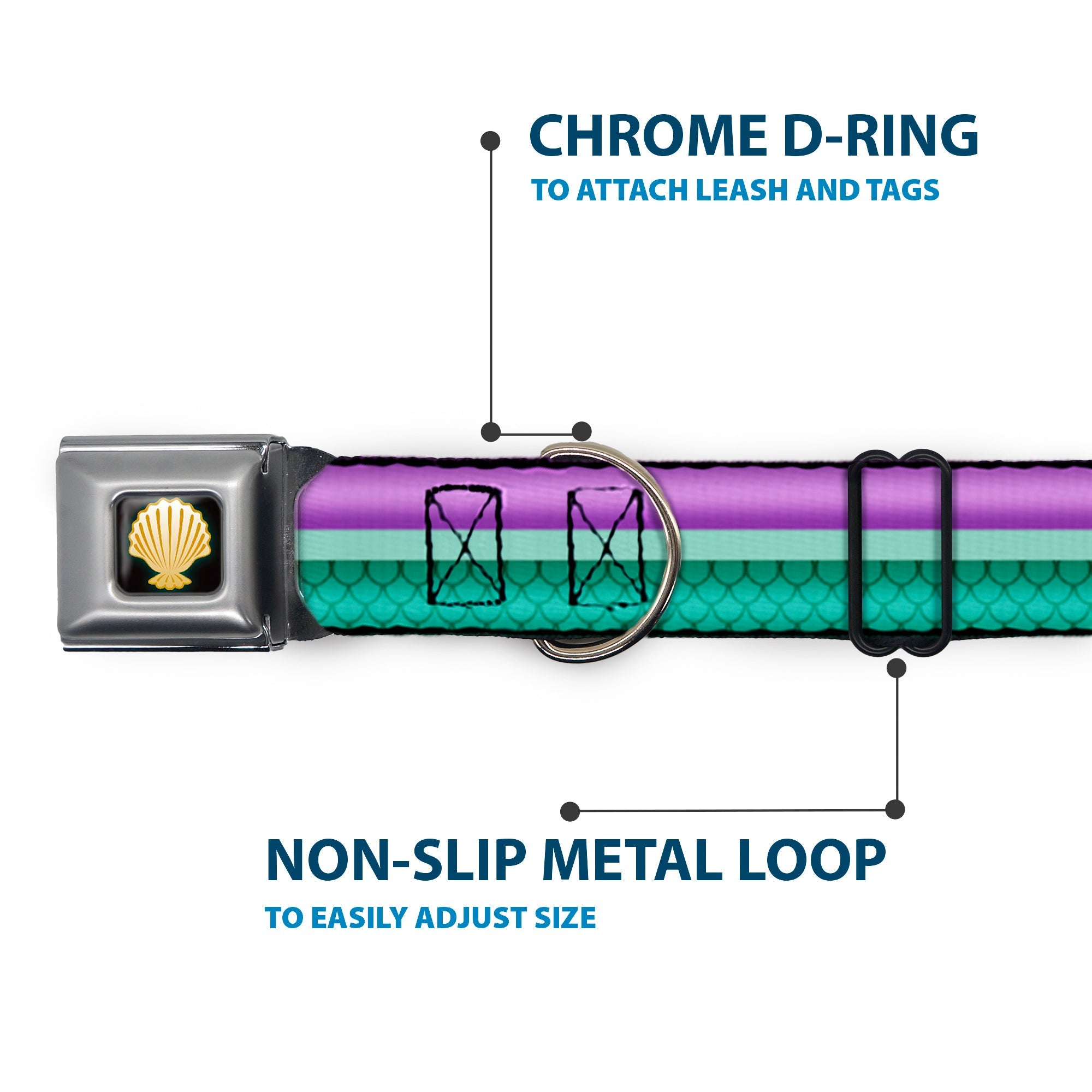 Little Mermaid Clam Shell Black Yellows Seatbelt Buckle Collar - Little Mermaid Stripe/Shell Purple/Green/Gold