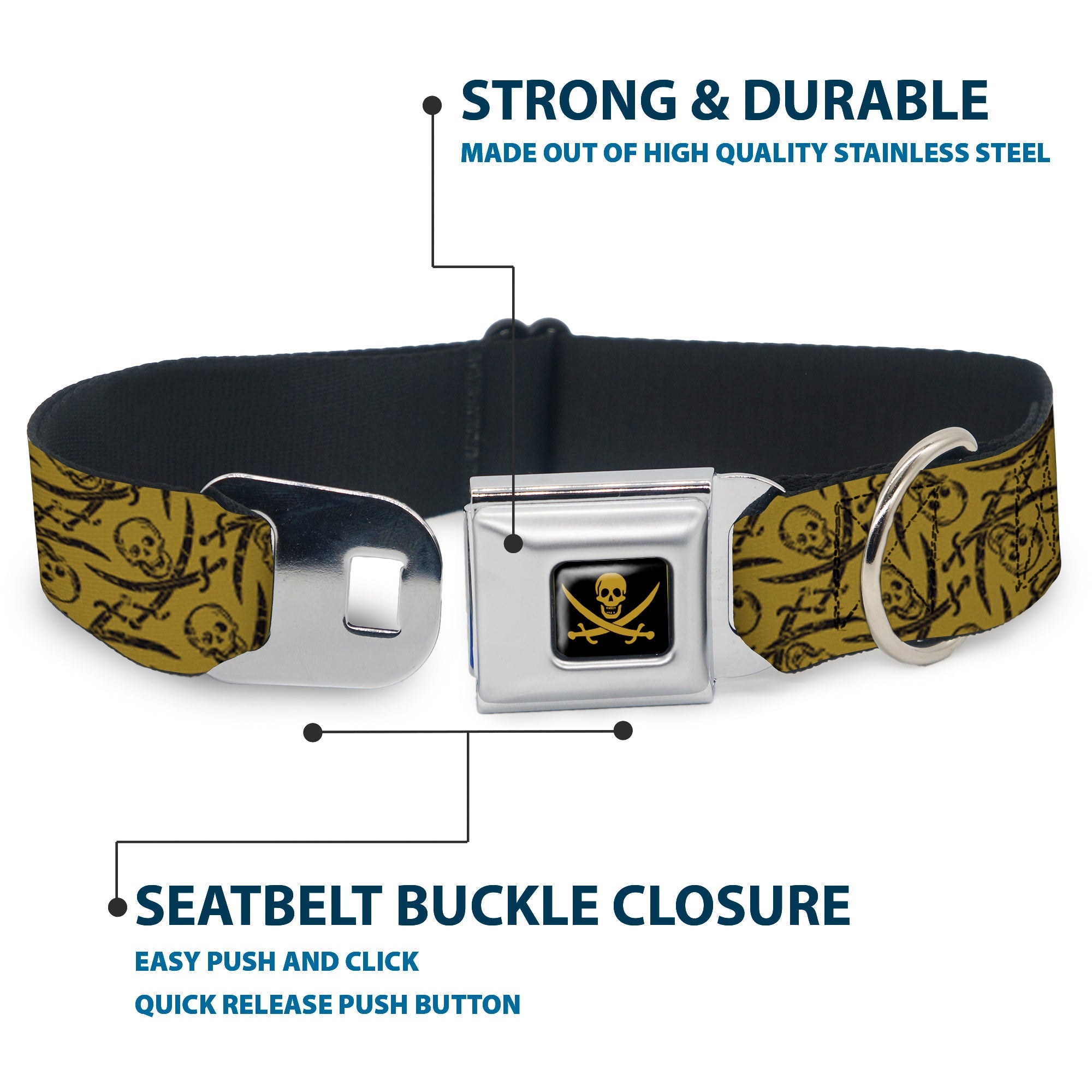 Skull & Crossed Swords Black Tan Seatbelt Buckle Collar - Pirates Skull & Crossed Swords Scattered Weathered Tan/Black