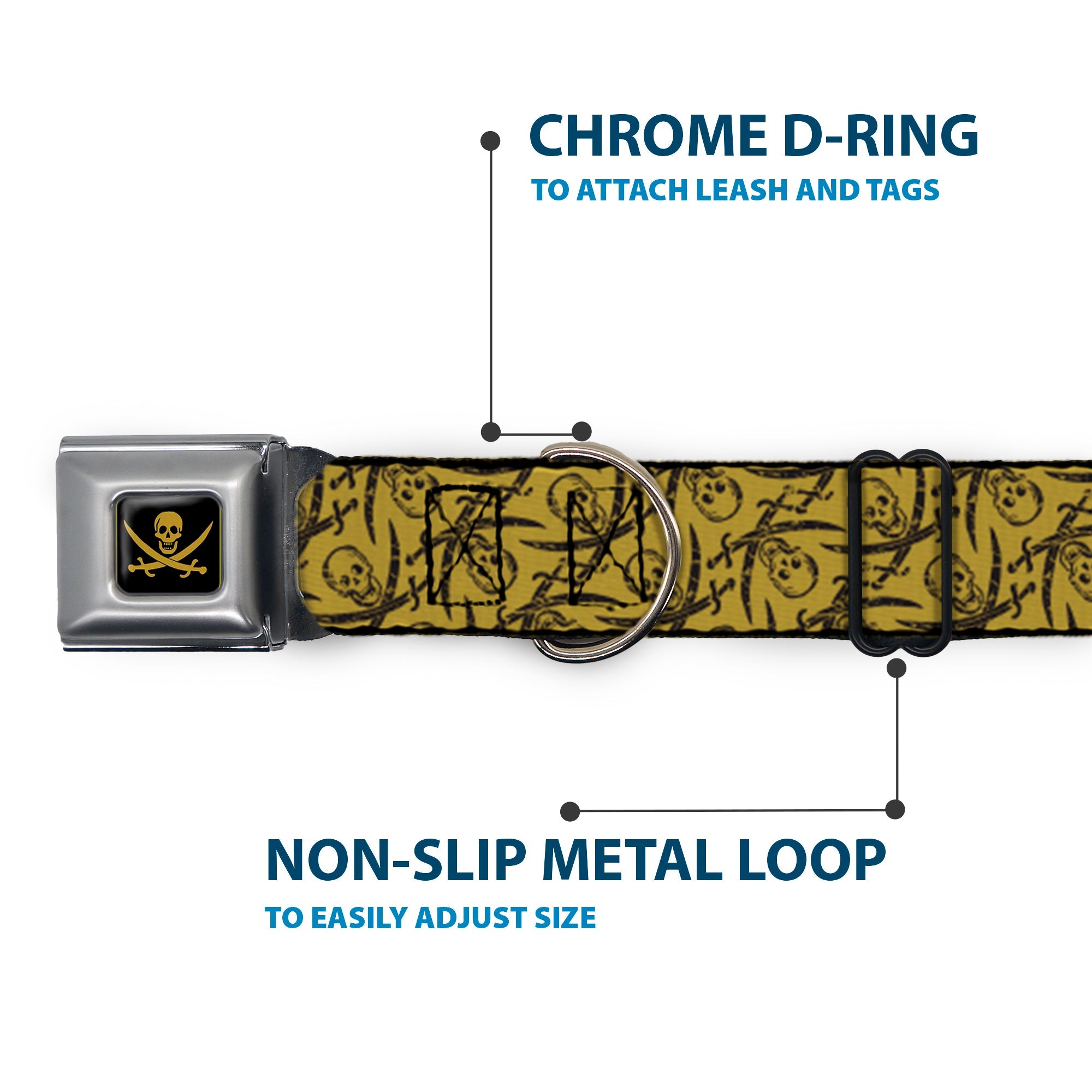 Skull & Crossed Swords Black Tan Seatbelt Buckle Collar - Pirates Skull & Crossed Swords Scattered Weathered Tan/Black