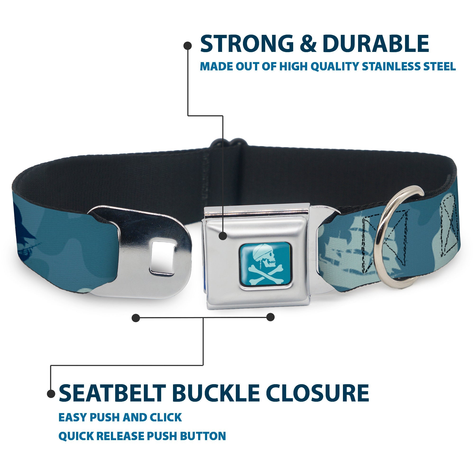 Jack Sparrows Flag Skull Icon Blues Seatbelt Buckle Collar - Jack Sparrows Flag Icons/Black Pearl/Sharks Blues