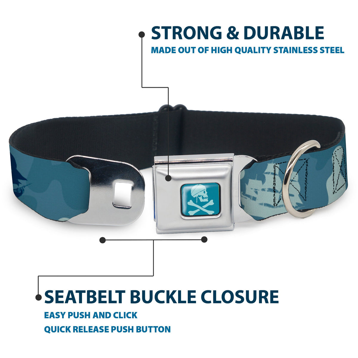 Jack Sparrows Flag Skull Icon Blues Seatbelt Buckle Collar - Jack Sparrows Flag Icons/Black Pearl/Sharks Blues