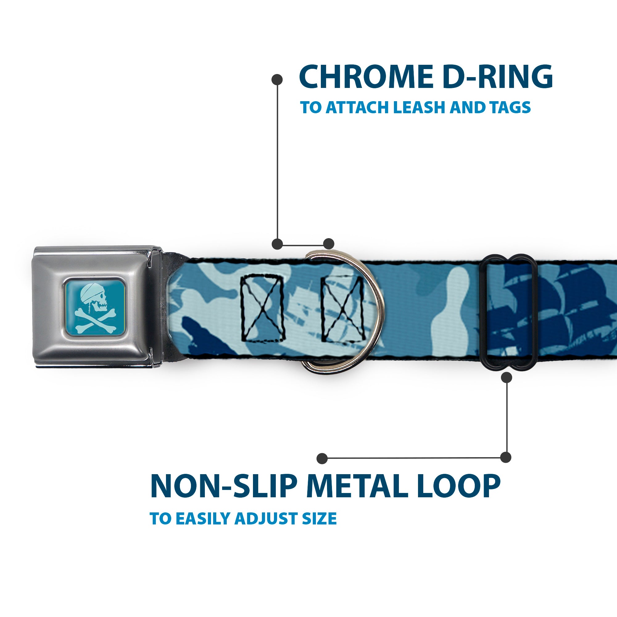 Jack Sparrows Flag Skull Icon Blues Seatbelt Buckle Collar - Jack Sparrows Flag Icons/Black Pearl/Sharks Blues