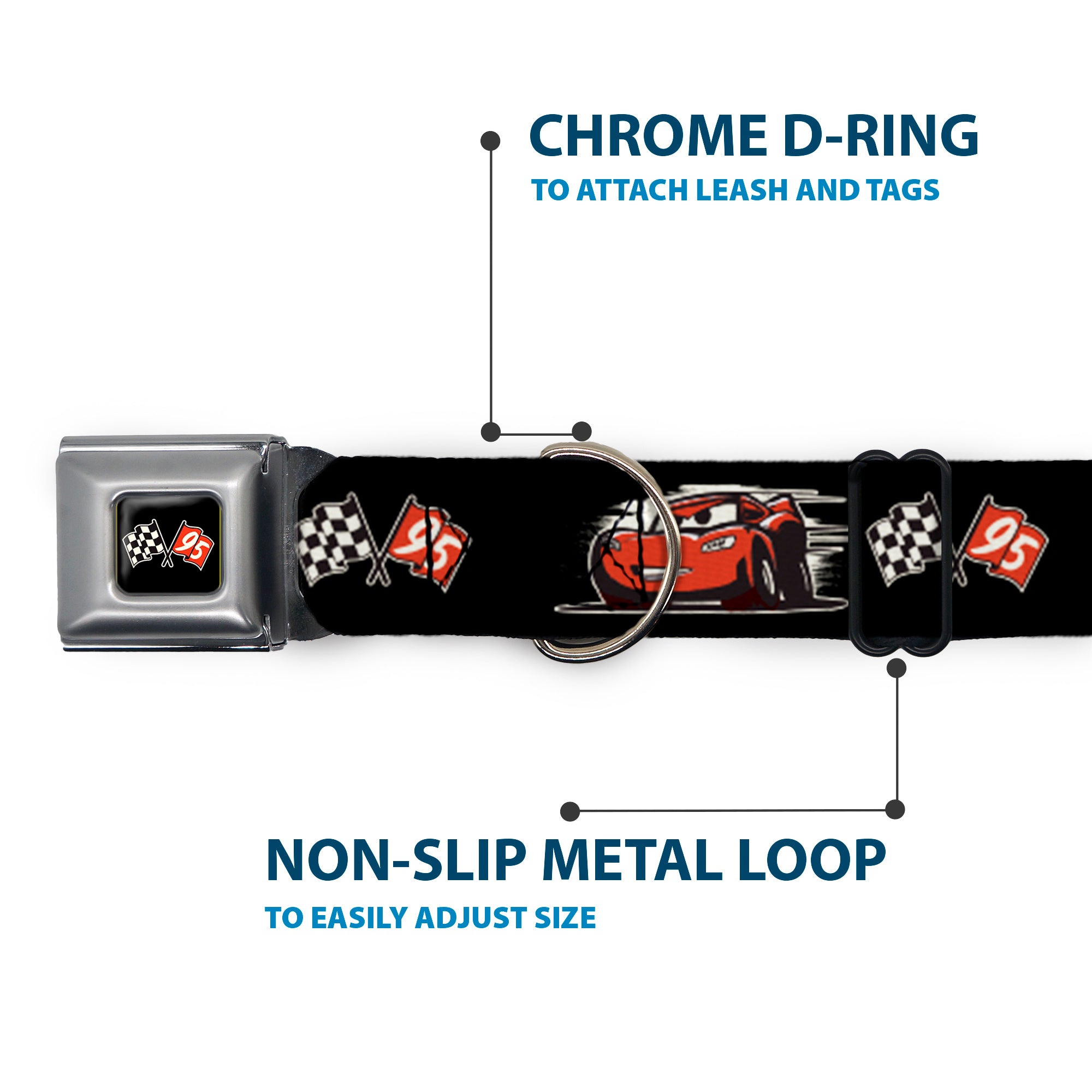 Cars 3 Race Flags Full Color Black White Red Seatbelt Buckle Collar - Cars 3 Lightning McQueen Caricature/Race Flags Black/White/Red