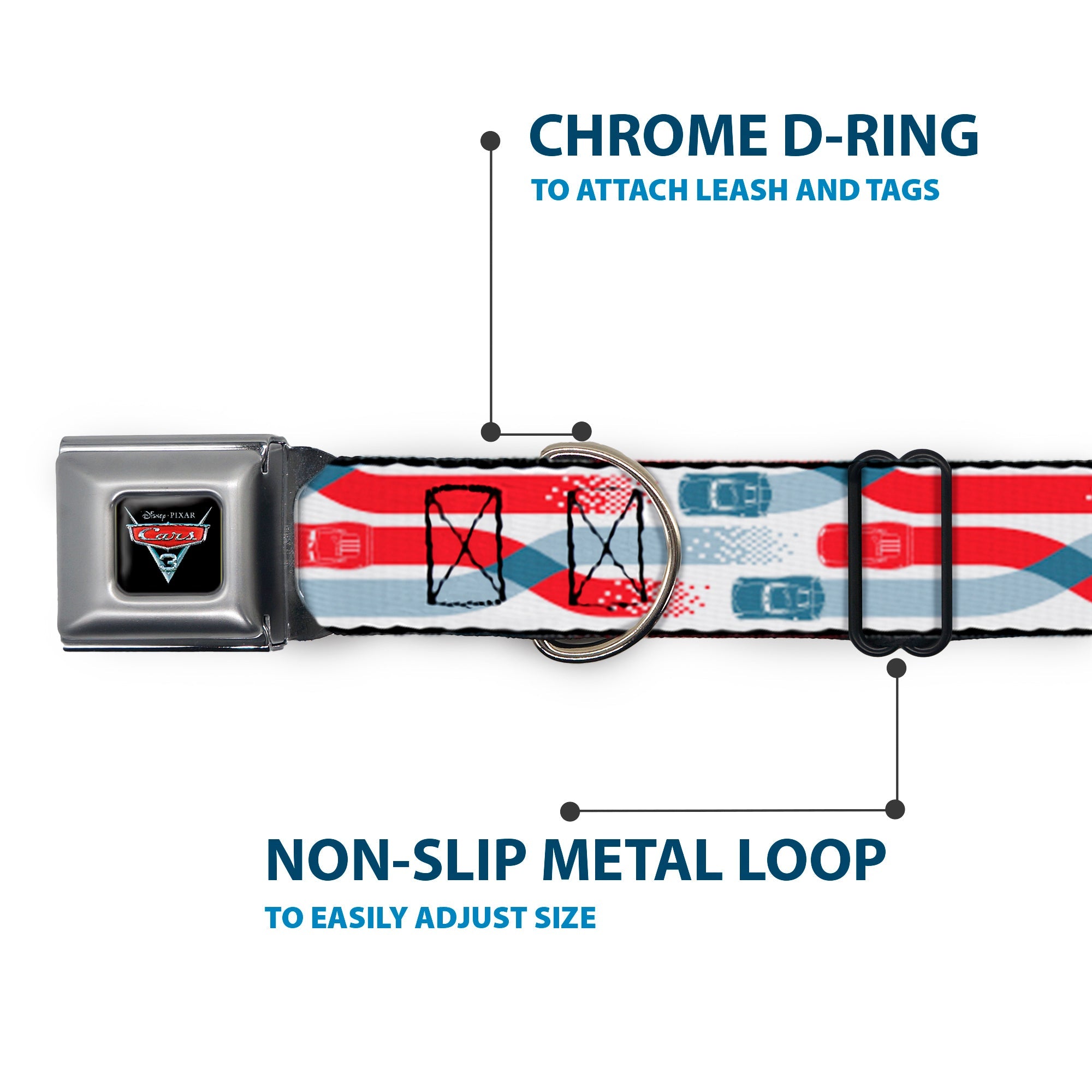 Cars 3 Piston Cup Champion Icon Full Color Red Black White Seatbelt Buckle Collar - Cars 3 Cars Crossing White/Blues/Reds