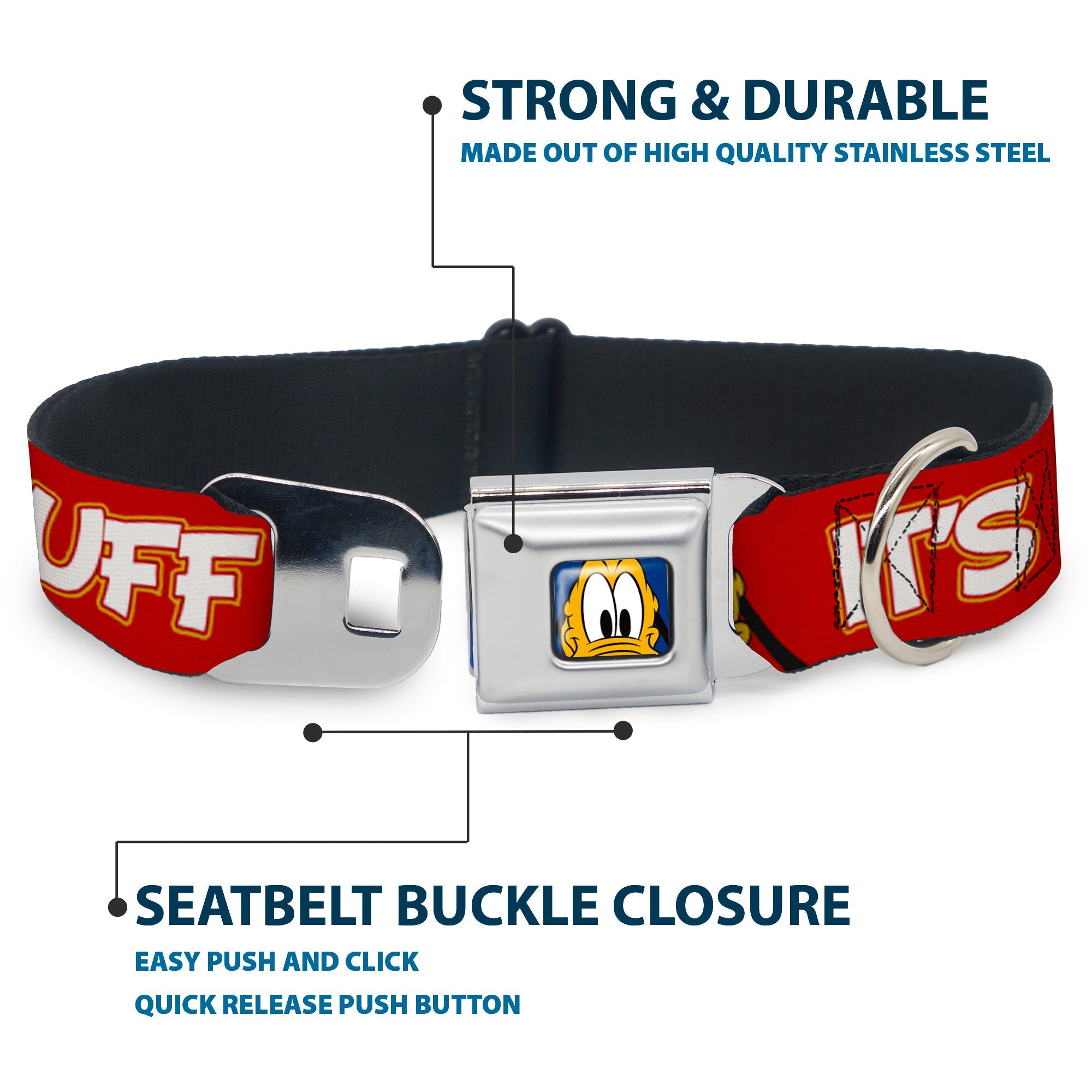 Pluto Face CLOSE-UP Full Color Blue Seatbelt Buckle Collar - Pluto 2-Pose ITS A RUFF LIFE Red/Yellow/White